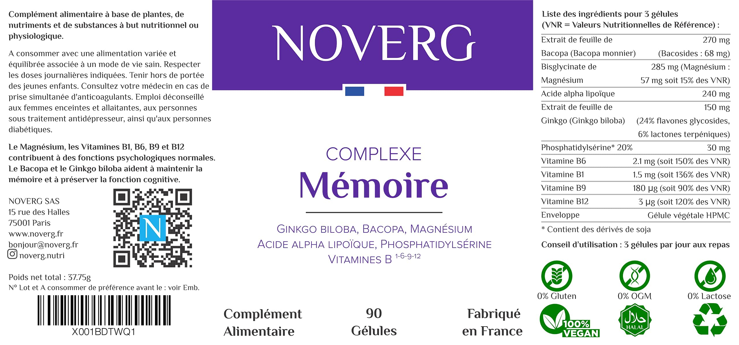 Mémoire & Concentration | Maintien la Mémoire et préserve la Fonction Cognitive | Ginkgo biloba, Bacopa, Magnésium | Sans caféine et Sans stimulant | Vegan | 90 Gélules | 30 Jours | Fabriqué en France