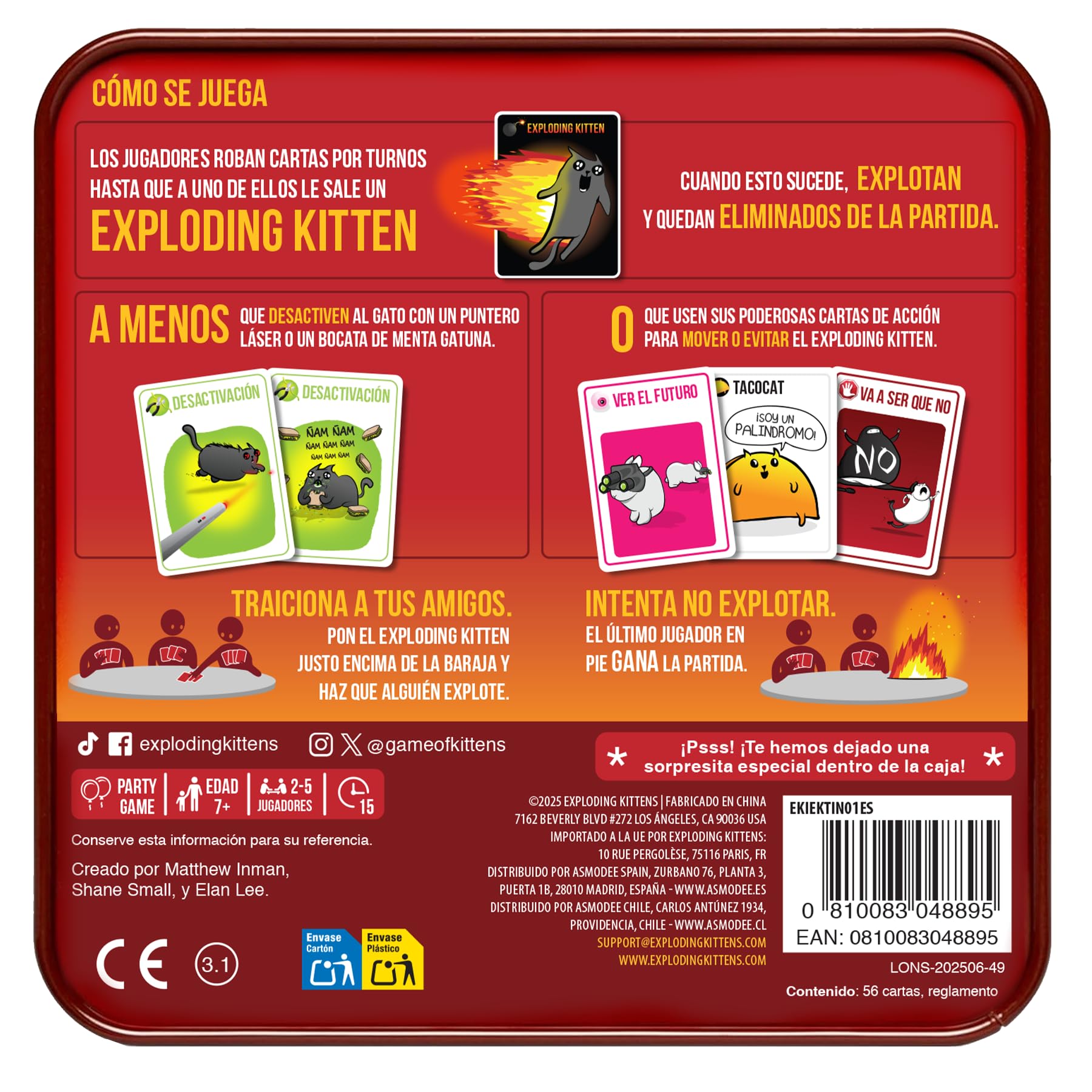 Asmodee Exploding Kittens Original Caja Metálica, Juego de Cartas, A Partir de 7 Años, De 2 a 5 Jugadores, 15 Minutos por Partida, Español