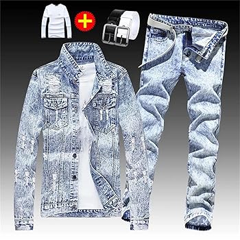 Amazon.com: Men's Spring 4 Pcs Set Denim Jacket Holes Single