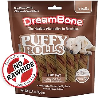 Puffy Rolls Chews for Dogs, 8 Count, Treat Your Dog to Easy-to-Digest Rawhide-Free Chews Made with Real Peanut Butter and Bison