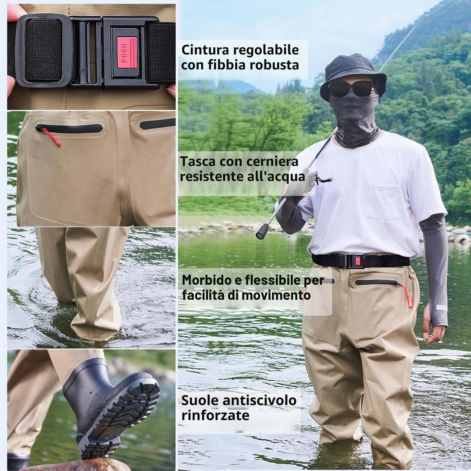 Waders Pesca Stivali da Pesca A Mosca da Uomo, Stivali da Caccia Leggeri Color Cachi con Ginocchia Rinforzate A Doppio Strato