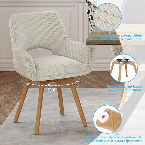 WAFTING Chaise Pivotante 360°Salle à Manger Lot de 4, Pieds en Bois, Beige - 7