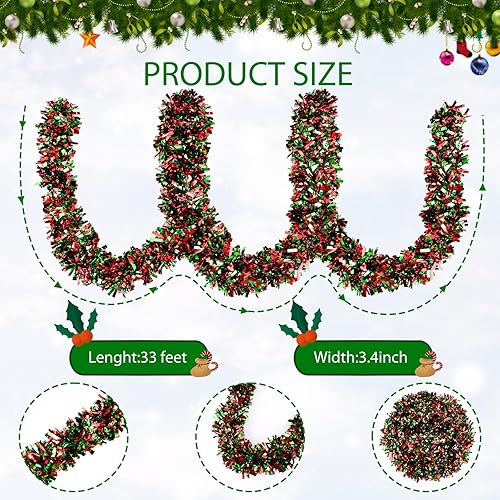 Miniatura 8 de Guirnalda de oropel de Navidad verde de 33 pies, guirnalda decorativa de pino de Navidad artificial para árbol de Navidad, boda, fiesta