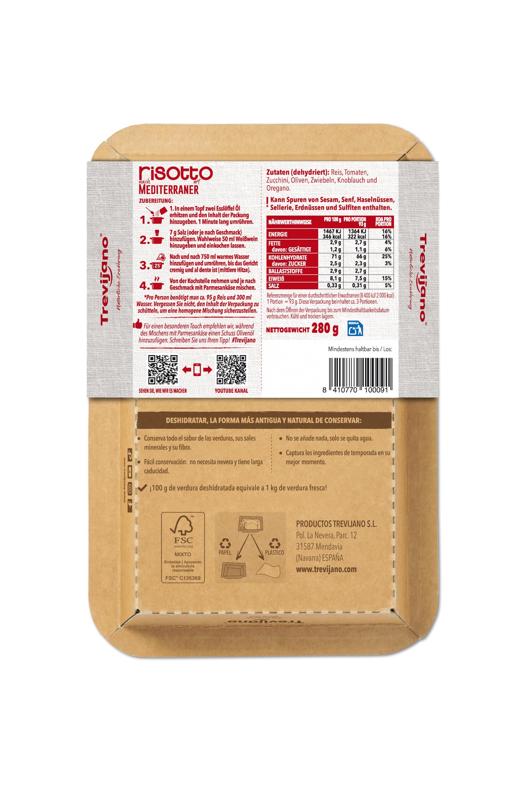 Trevijano Mediterranes Risotto: 6 Tabletts à 280g. Ohne Zusatzstoffe oder Konservierungsmittel, nur getrocknete pflanzliche Zutaten: Reis, Tomate, Zucchini, Knoblauch, Oliven, Zwiebel, Oregano.