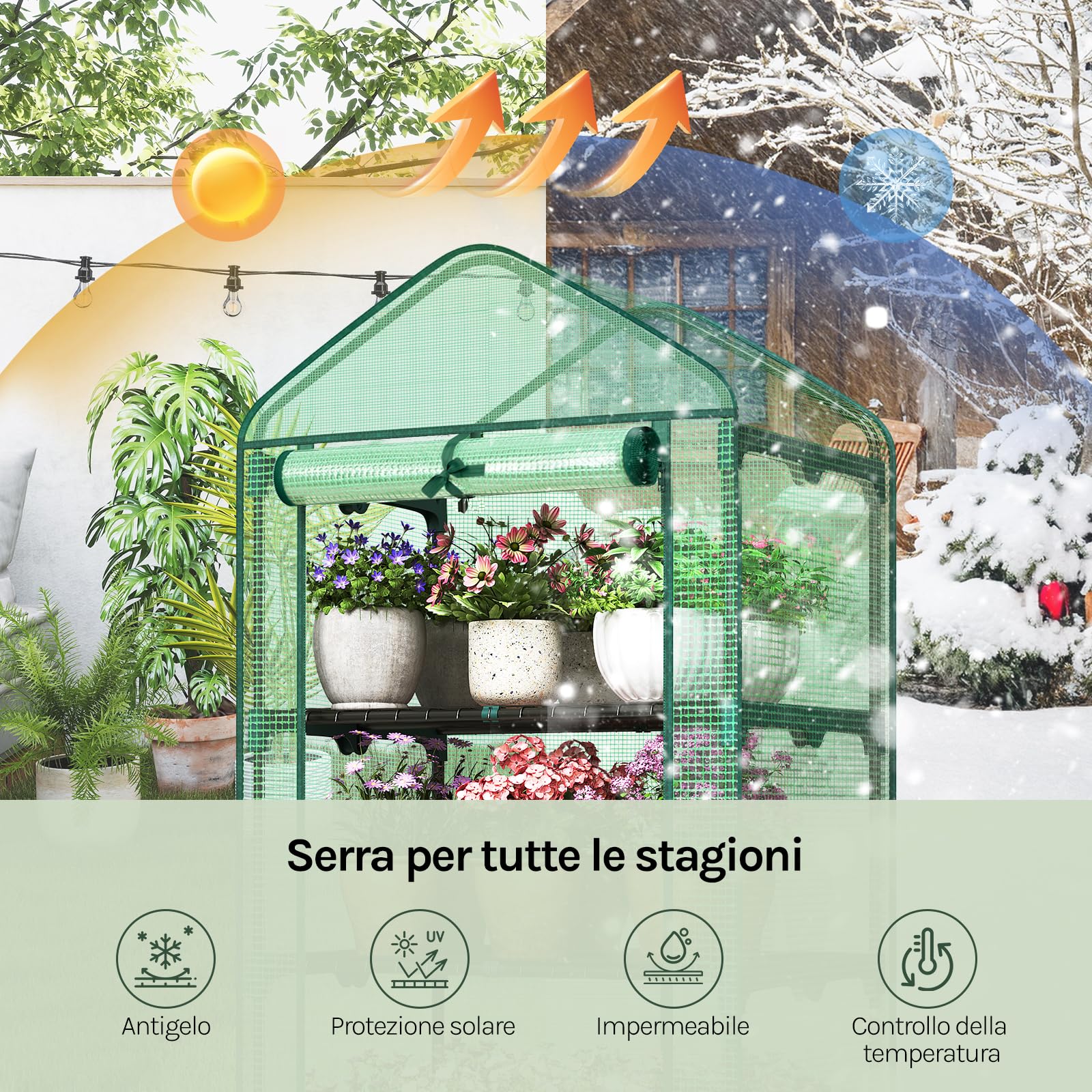 WOLTU Serra da Giardino a 4 Ripiani, Serra da Balcone con Porta Avvolgibile, Telo in PE Impermreabile, Tetto a Punta, Telaio in Metallo Verde, 69x49x158 cm
