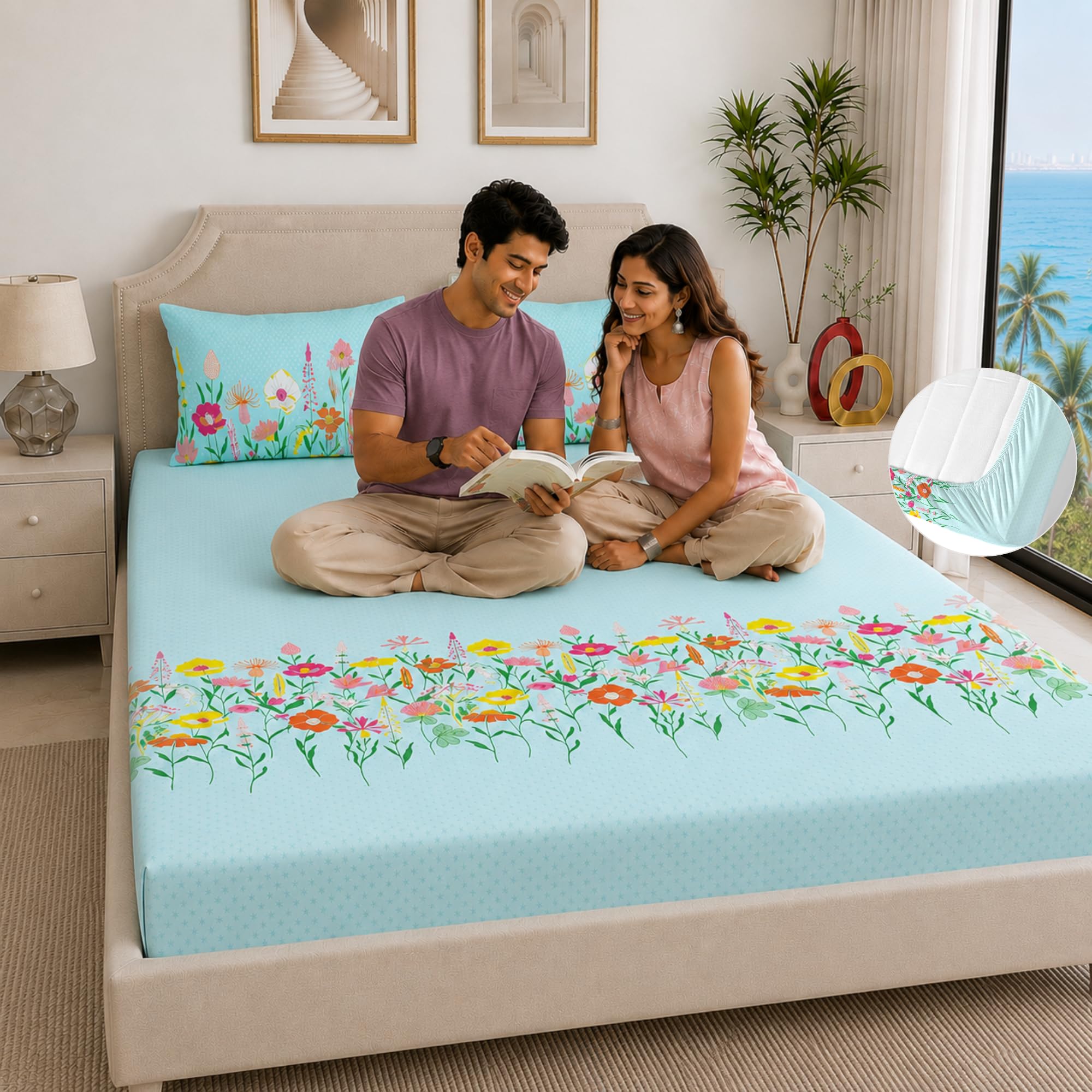 Home Ecstasy King Cotton Bedsheet Set - Light Blue -13