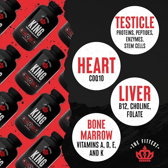 The Fittest King - Testosterone Booster Supplement - Supports Hormone Health, Stamina, Strength - Includes Grass fed Bovine Liver, Bone Marrow, Heart & Testicle - 180 Capsules