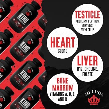 The Fittest King - Testosterone Booster Supplement - Supports Hormone Health, Stamina, Strength - Includes Grass fed Bovine Liver, Bone Marrow, Heart & Testicle - 180 Capsules