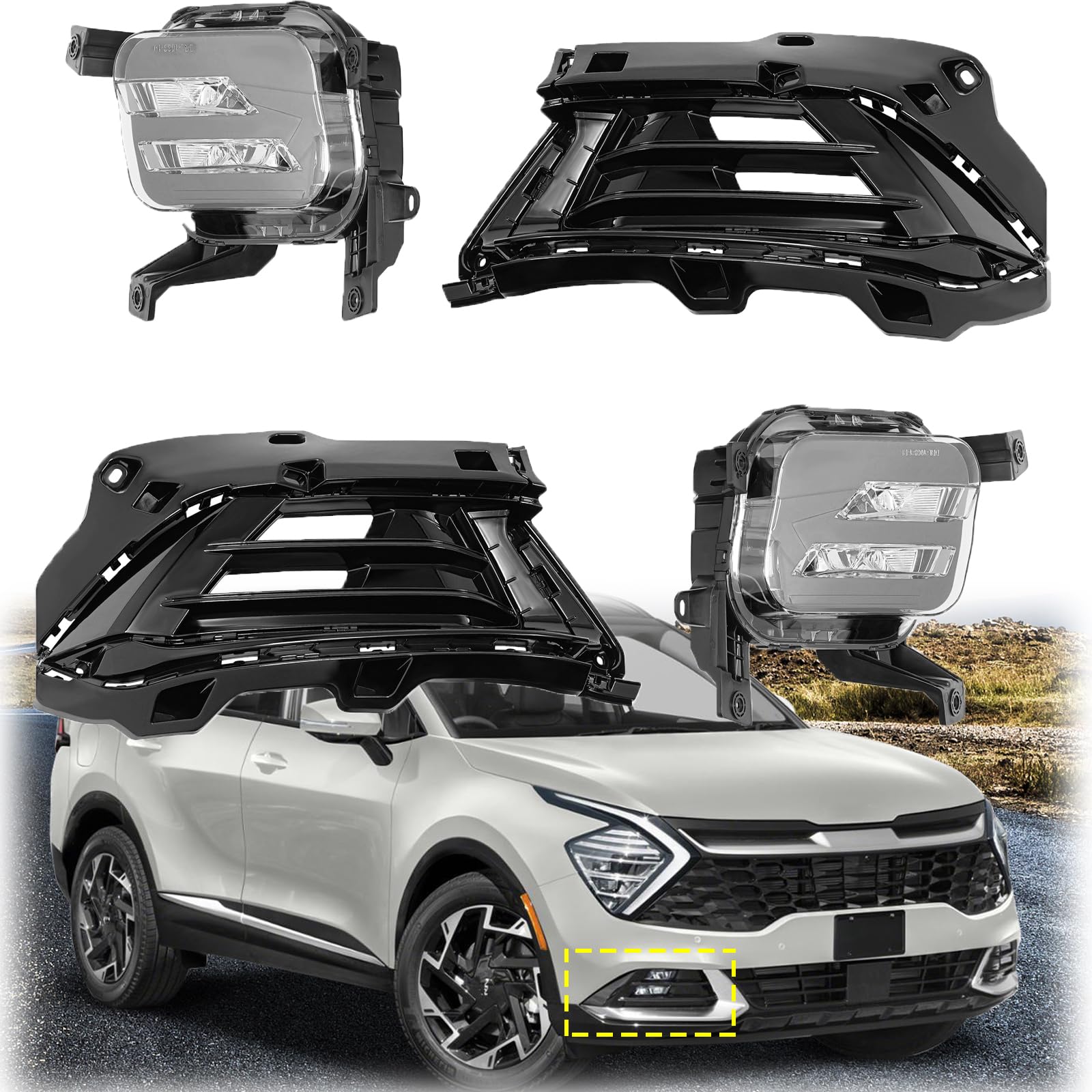 WUSILILU Pair LED Fog Light & Fog Cover Bezels Assembly for 2023-2024 Kia Sportage LX EX SX,Fog Light w/Bezels Trims
