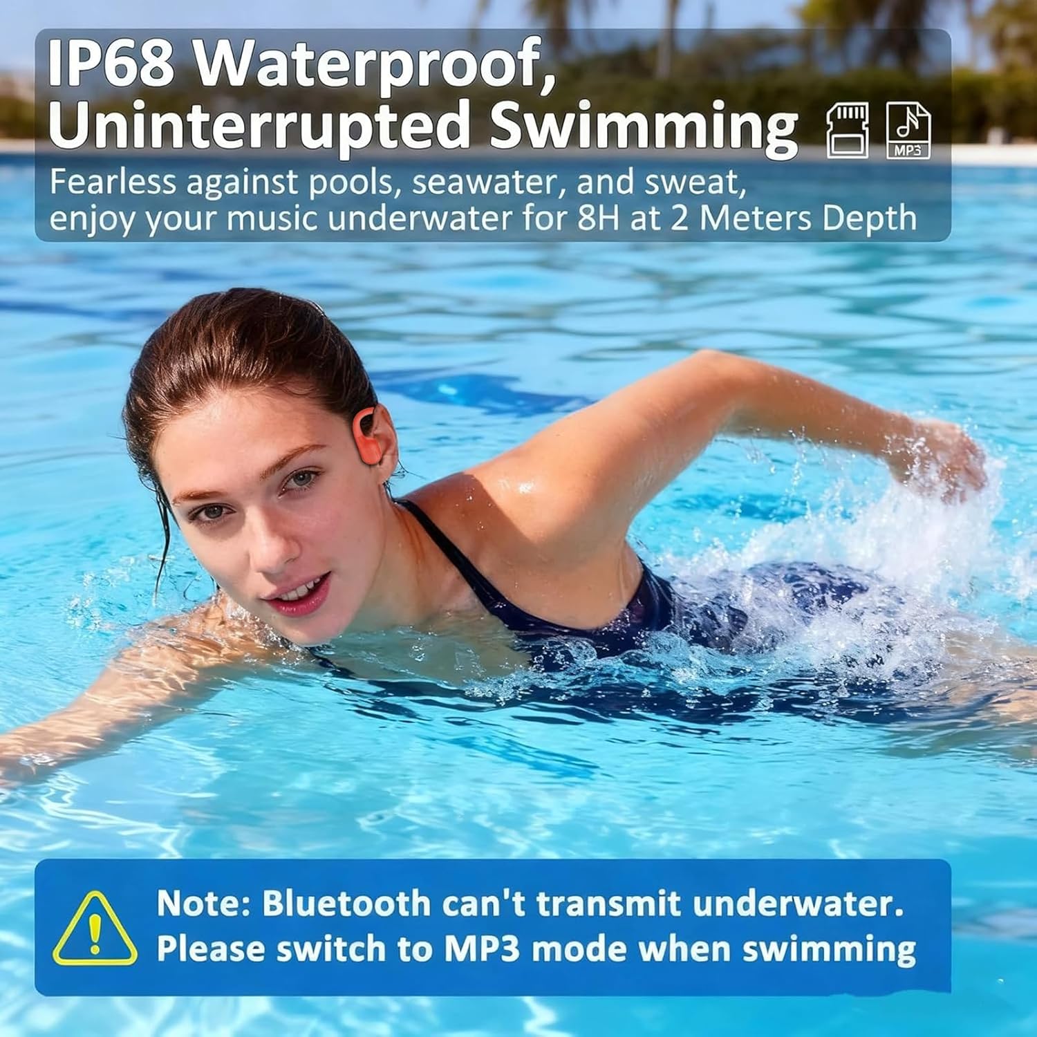 Swimming Headphones Soft Silicone, IP68 Waterproof Bone Conduction Headphones, 32GB MP3 Player & Bluetooth 5.4 Wireless Sport Earbuds, Secure Open Ear for Swimming, Running, Sports（Orange） - Image 2