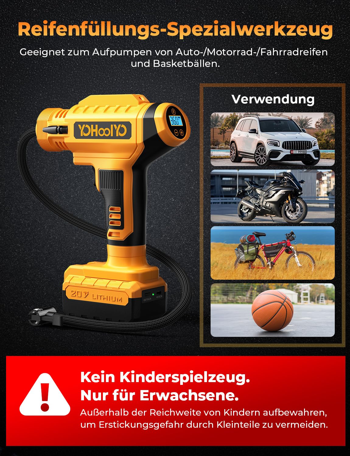 YOHOOLYO Luftpumpe Akku Kompressor Luftkompressor Handkompressor Tragbare Elektrische Luftpumpe AutoOff mit Akku und Auto Netzteil Max 150 PSI für Auto Motorrad und Fahrrad Gelb