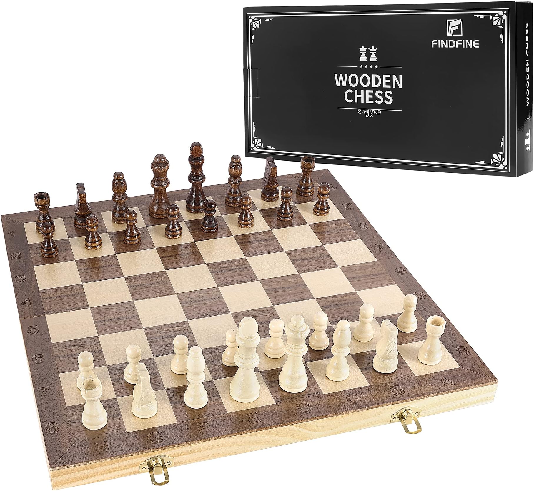 FINDFINE 15'' Magnetic Wooden Chess Set, Hand-Made Portable Travel Puzzle Chess Set with Exquisite Board Set, Storage and Flannelette Bag, Perfect for Children Beginners and Adults