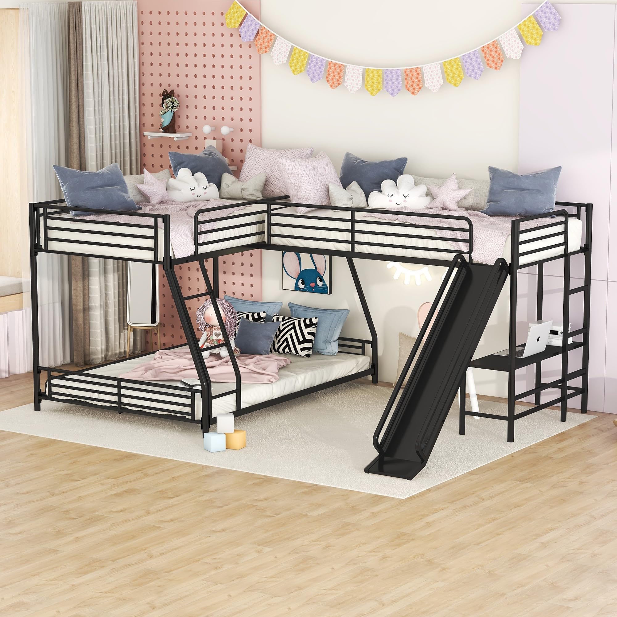 Photo 1 of Bellemave Triple Bunk Beds, L-Shape Twin Over Full Bunk Bed Attached a Loft Bed with Desk, Triple Bunk Beds with Slide, Metal Corner Bunk Bed Frame for Three Kids Boys Girls Teens, Black