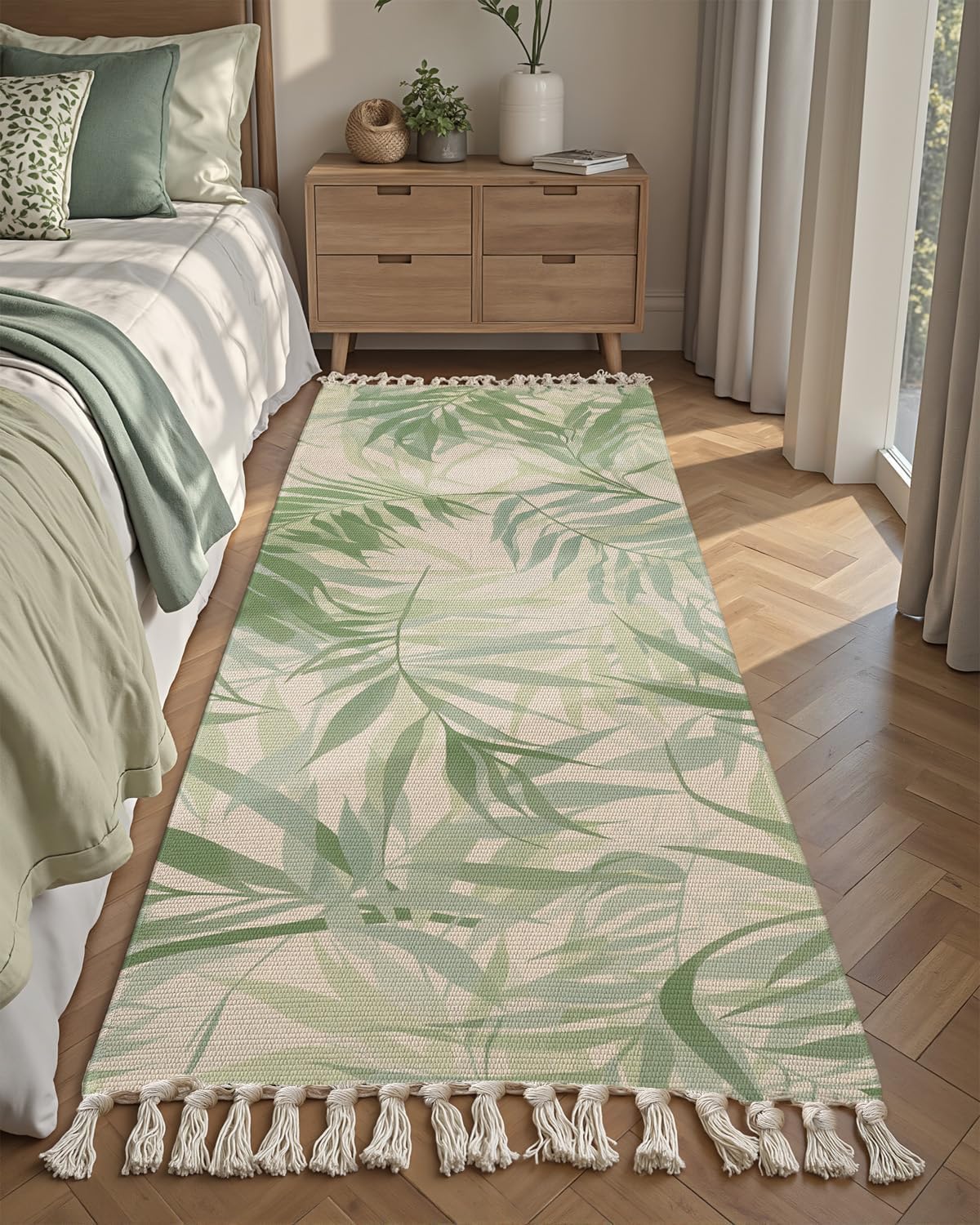 SAGON 2x5 Ft Printed Runner Carpet – Cotton Bedside Rug for Bedroom & Living Room (Green Palm Leaf)-image-29
