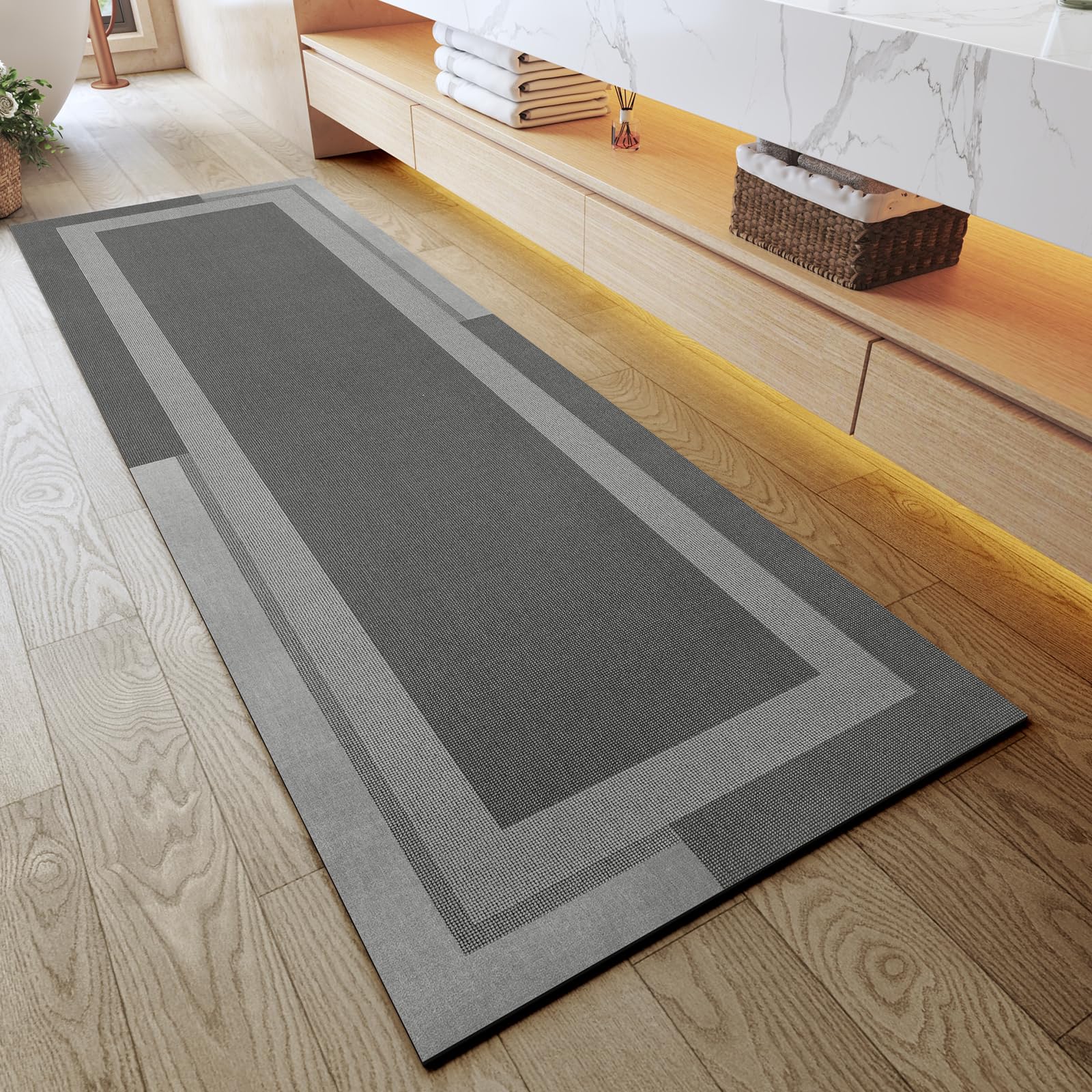 Quqei Extra Long Non Slip Bathroom Runner Bath Mat, Rubber Backing Ultra Thin Bath Rug Fit Under Door Quick Dry Super Absorbent Washable Shower Mat for Bathroom Floor Bathtub Sink, Dark Grey 60x180 CM