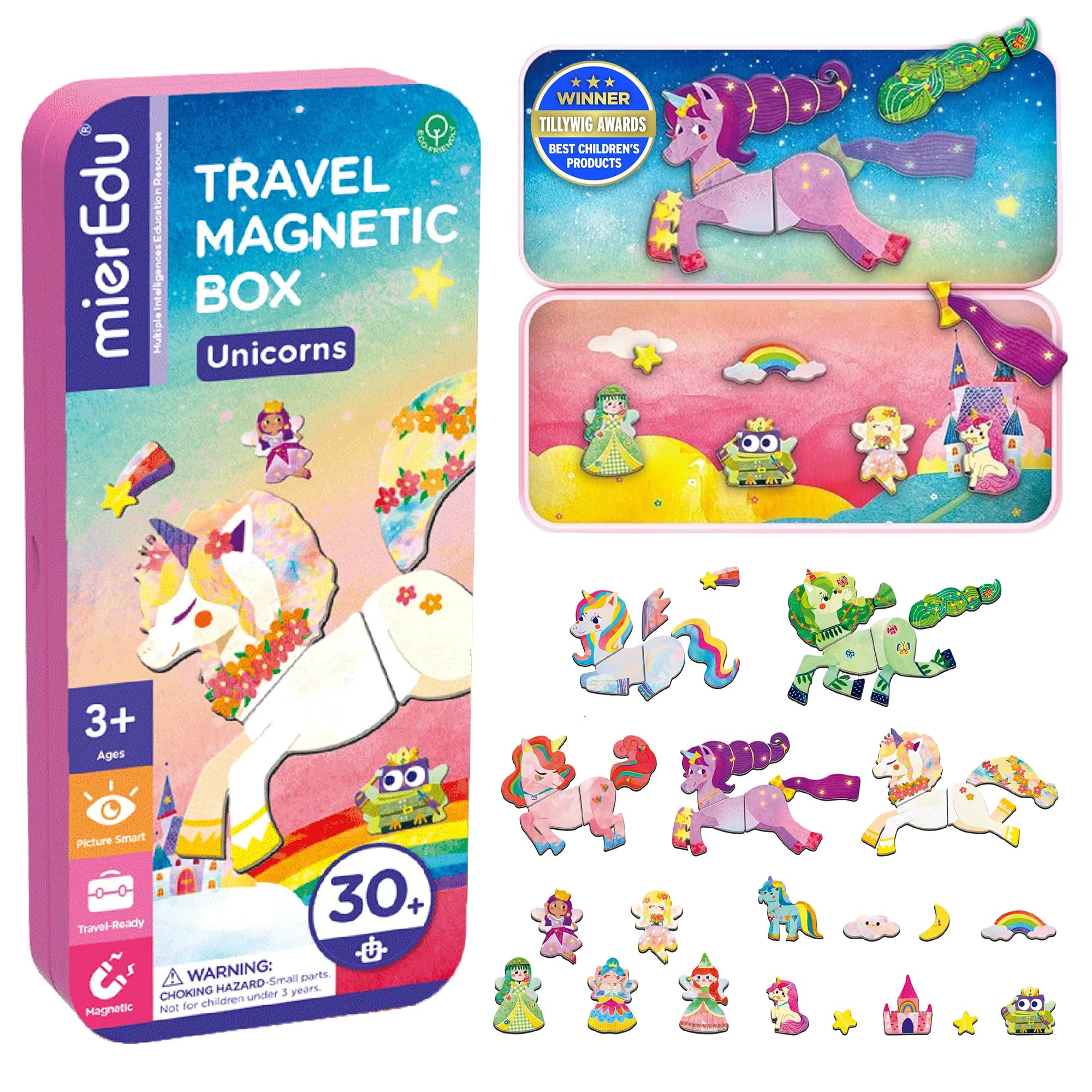 mierEdu Magnetspielbox Kinder Einhorn ab 3 Jahre – Magnetbuch mit 36 Teilen & 2 Szenen – Magnetspiel für Mädchen & Jungen – Ideales Reisespiel für Auto, Flugzeug & Bahn – Geschenk für Kinder