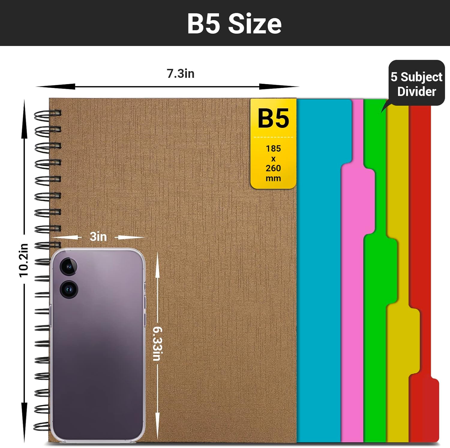 EUSOAR Spiral Notebook 5 Subject, 3pcs B5 7.3"x10.2" College Ruled Writing Pad, Thick Hardcover, 100GSM 120Sheets/ 240Pages of Lined Paper, for Journals, Students, Office and Business, Kraft
