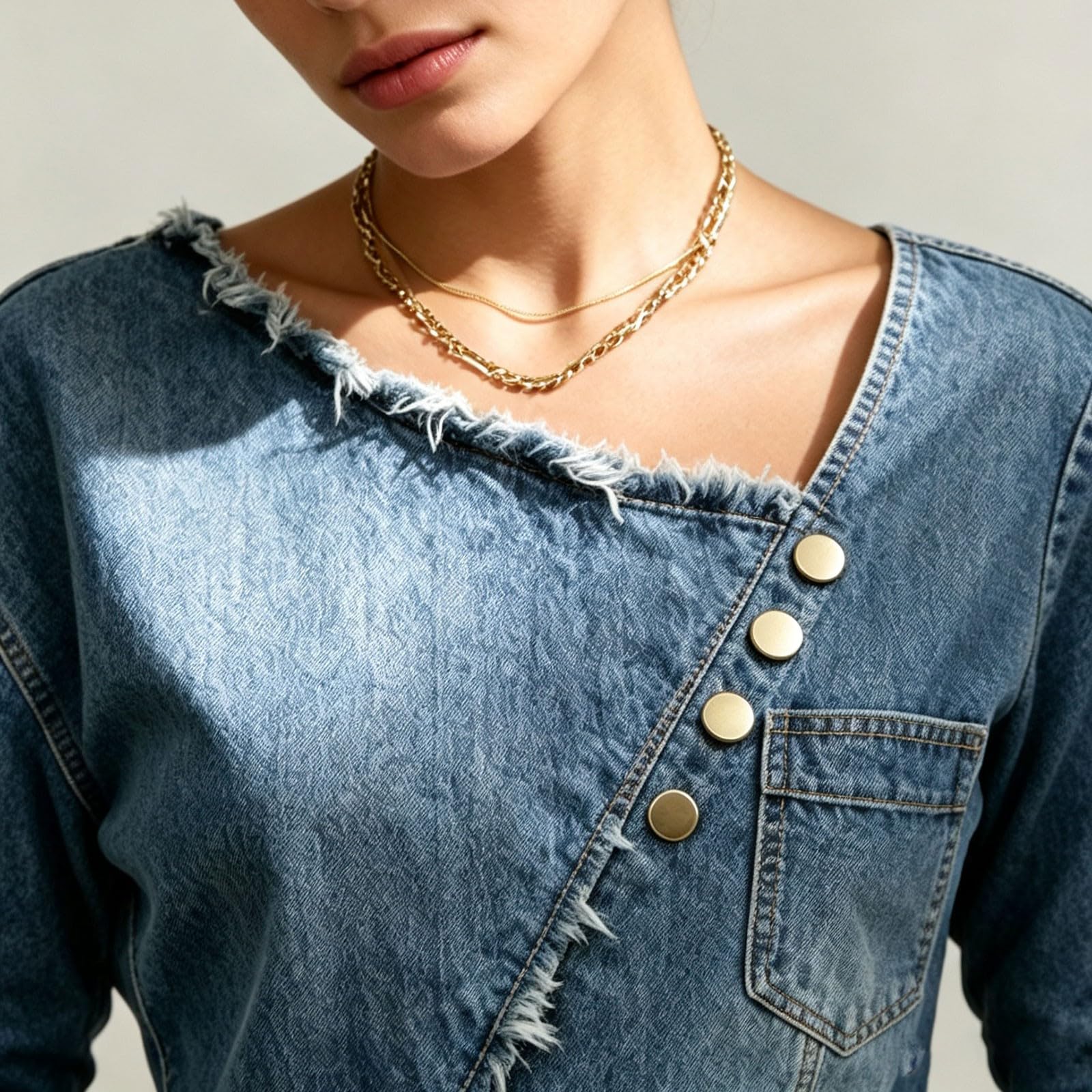 Generisch Camicia in jeans da donna, estiva, con maniche a 3/4 | Camicetta in denim con frange, elegante cambray, per il tempo libero, in tessuto denim, traspirante, vintage