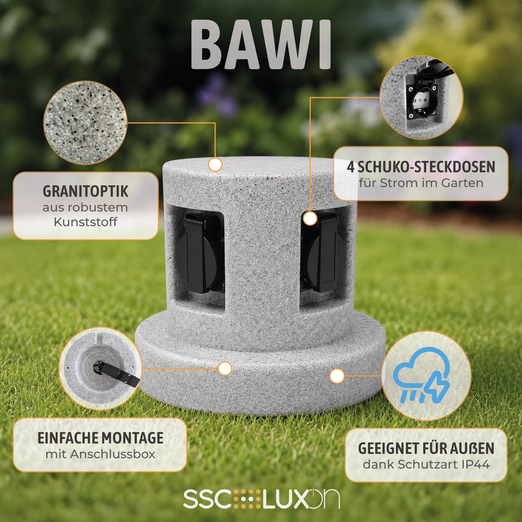 SSC-LUXon BAWI Gartensteckdose Steinoptik mit 4 Steckdosen - Outdoor Mehrfachsteckdose 4-fach IP44 - Außensteckdose Garten Granitoptik