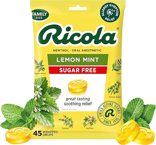 Ricola Gotas de garganta de menta y limón sin azúcar, 45 unidades, alivio refrescante de irritaciones menores de garganta, anestésico oral