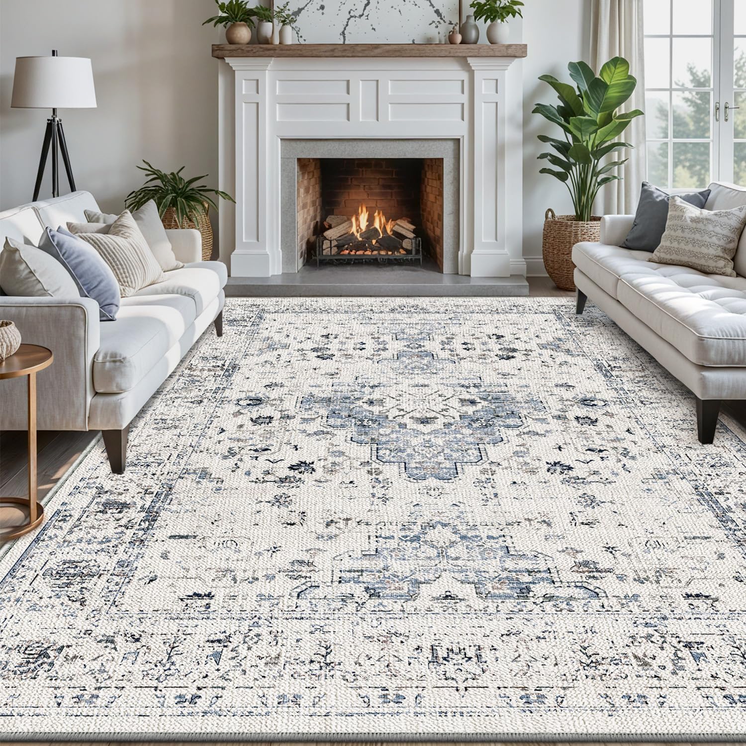 Teppich Wohnzimmer 110x150cm Kurzflor rutschfest Waschbar Teppich für Küche Schlafzimmer Büro Modern Vintage Weiß