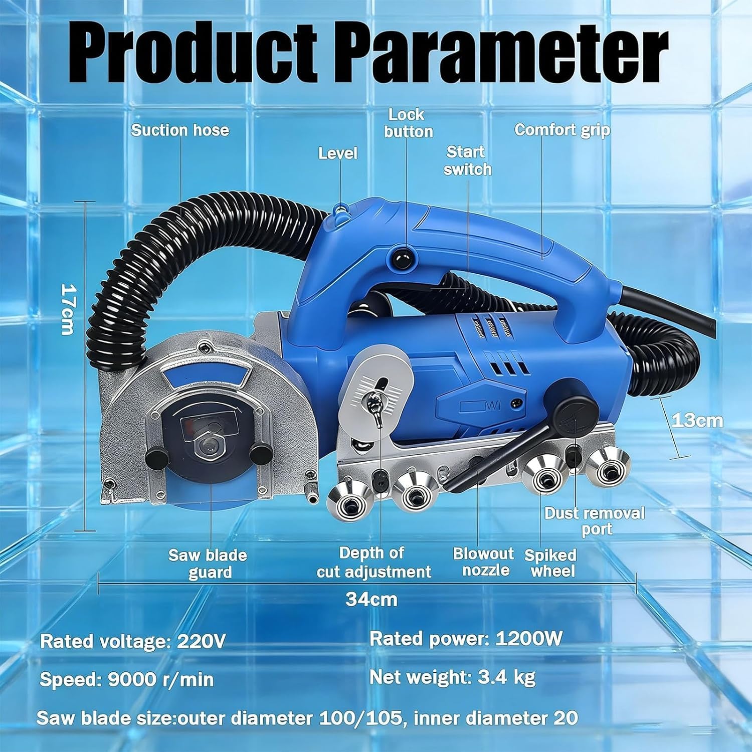 Herramienta eléctrica para Eliminar lechada de 1200 W, 9000 RPM, Limpiador Juntas Azulejos, con Bolsa para el Polvo, para Limpiar Suelos y Paredes, Limpiar lechada Entre Azulejos
