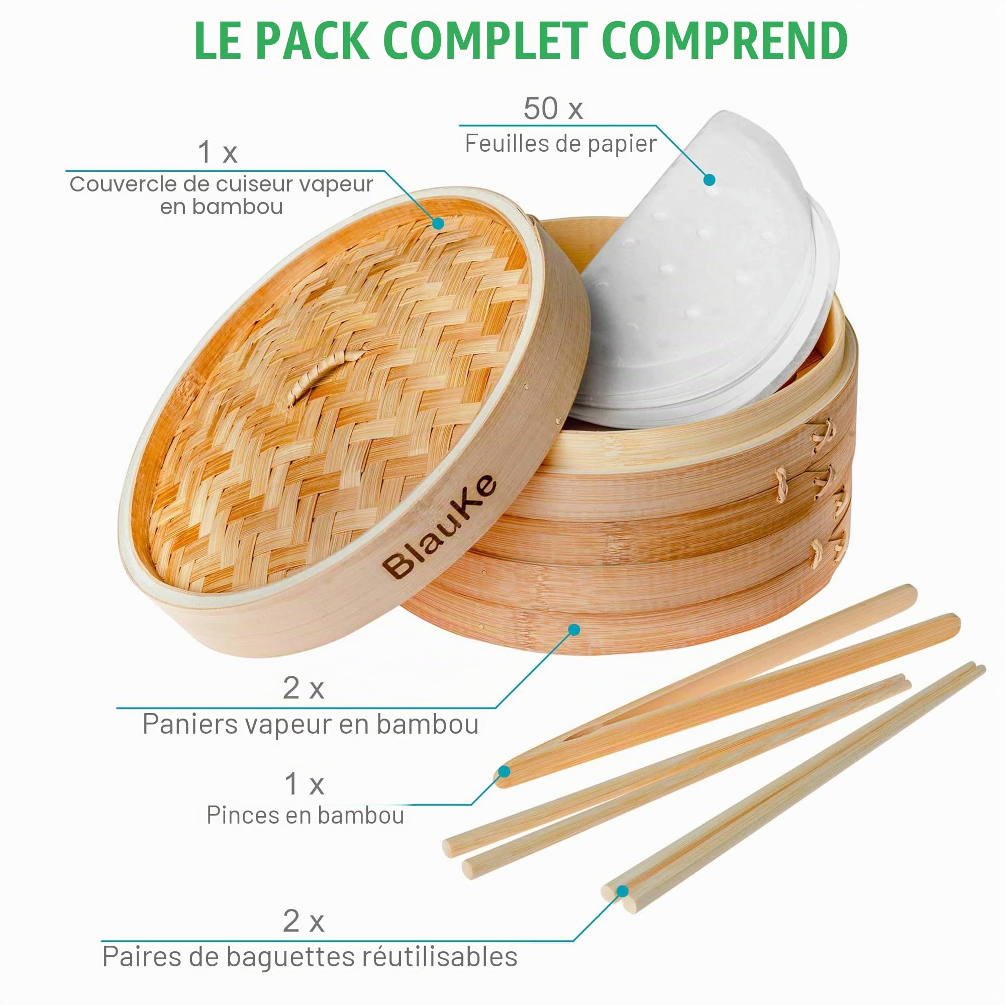 Panier vapeur en bambou de 25 cm avec baguettes, pinces, 50 doublures en papier – Cuiseur vapeur à 2 étages pour la cuisson des boulettes, légumes, viande, poisson, riz BlauKe