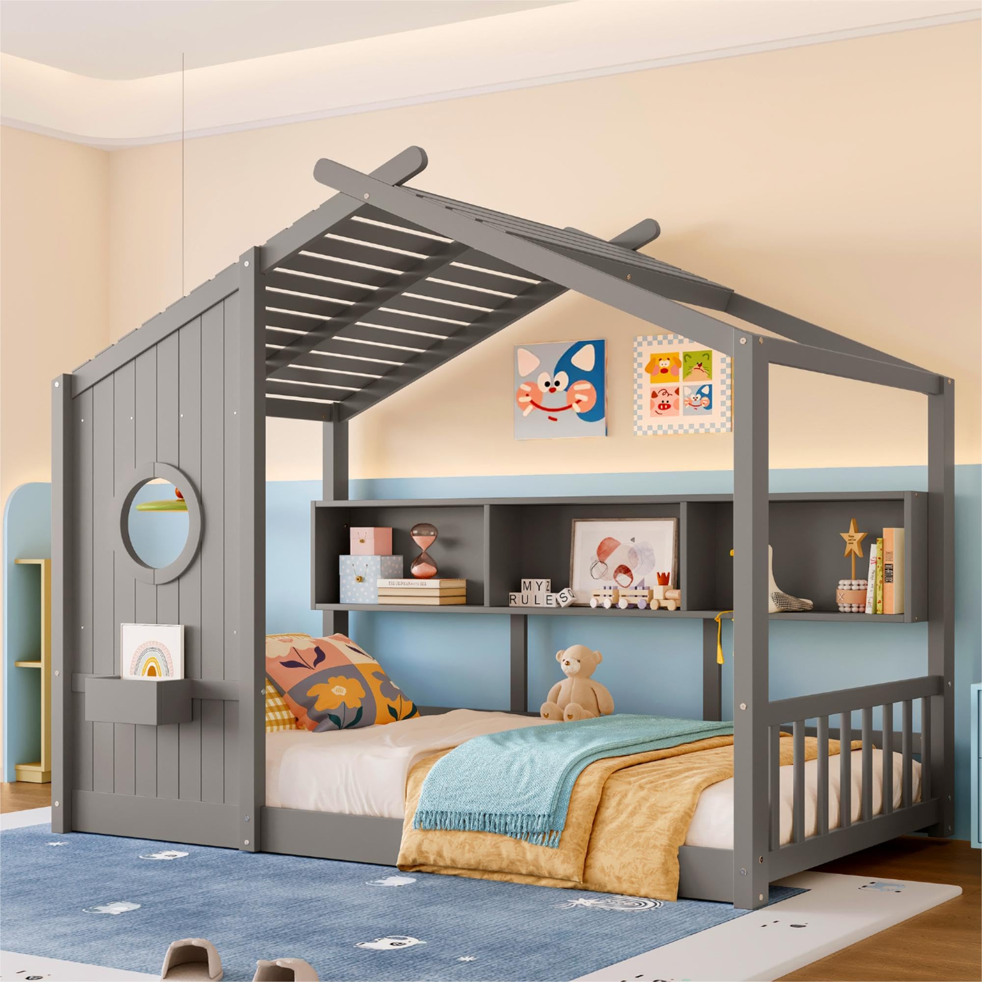 Twin Size Floor House Bed with Roof and Window for Kids, Wooden Playhouse Bed with Storage Shelves for Bedroom Furniture Girls &amp; Boys (Gray/L2, Twin)