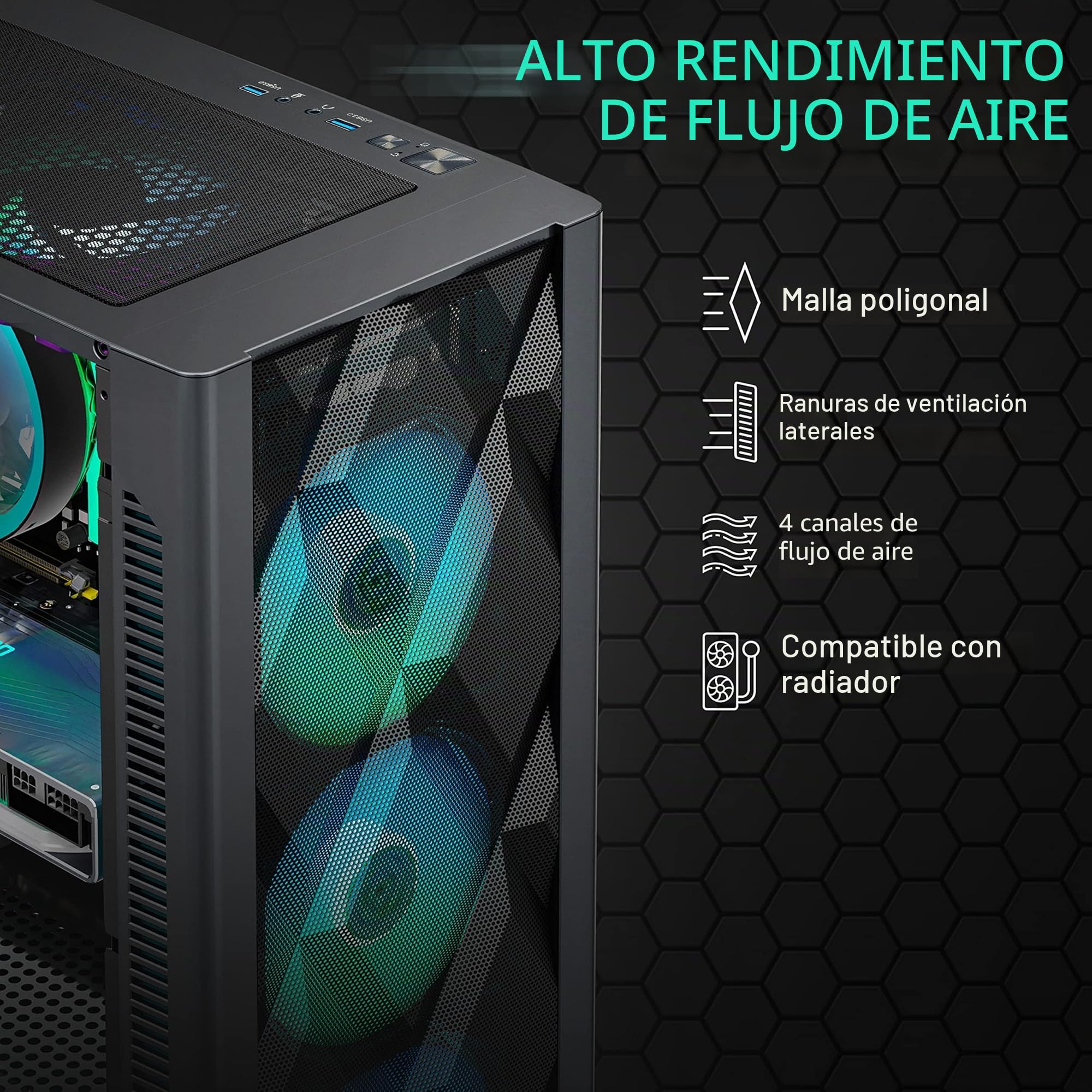 MUSETEX Caja PC ATX Pre-Instalado con 6 Ventiladores PWM ARGB, Caja Gaming Diamond Mesh, Puerta Abierta, Cristal Templado, Panel Lateral, Caja Mid-Tower, USB 3.0 x 2, Negro, NN8