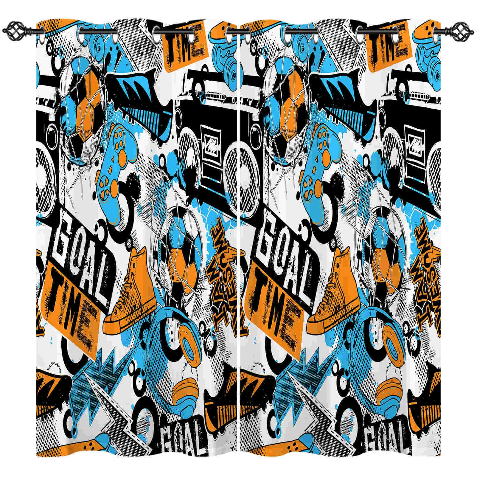 ANHOPE Abstract Curtains Eyelet Ring Top Soft Thermal Insulated Blackout Curtains Football Gamepad Print Pattern Decorative Window Drapes for Kids Boys Bedroom Living Room 42 x 63 Drop Inch 2 Panels โ image 1