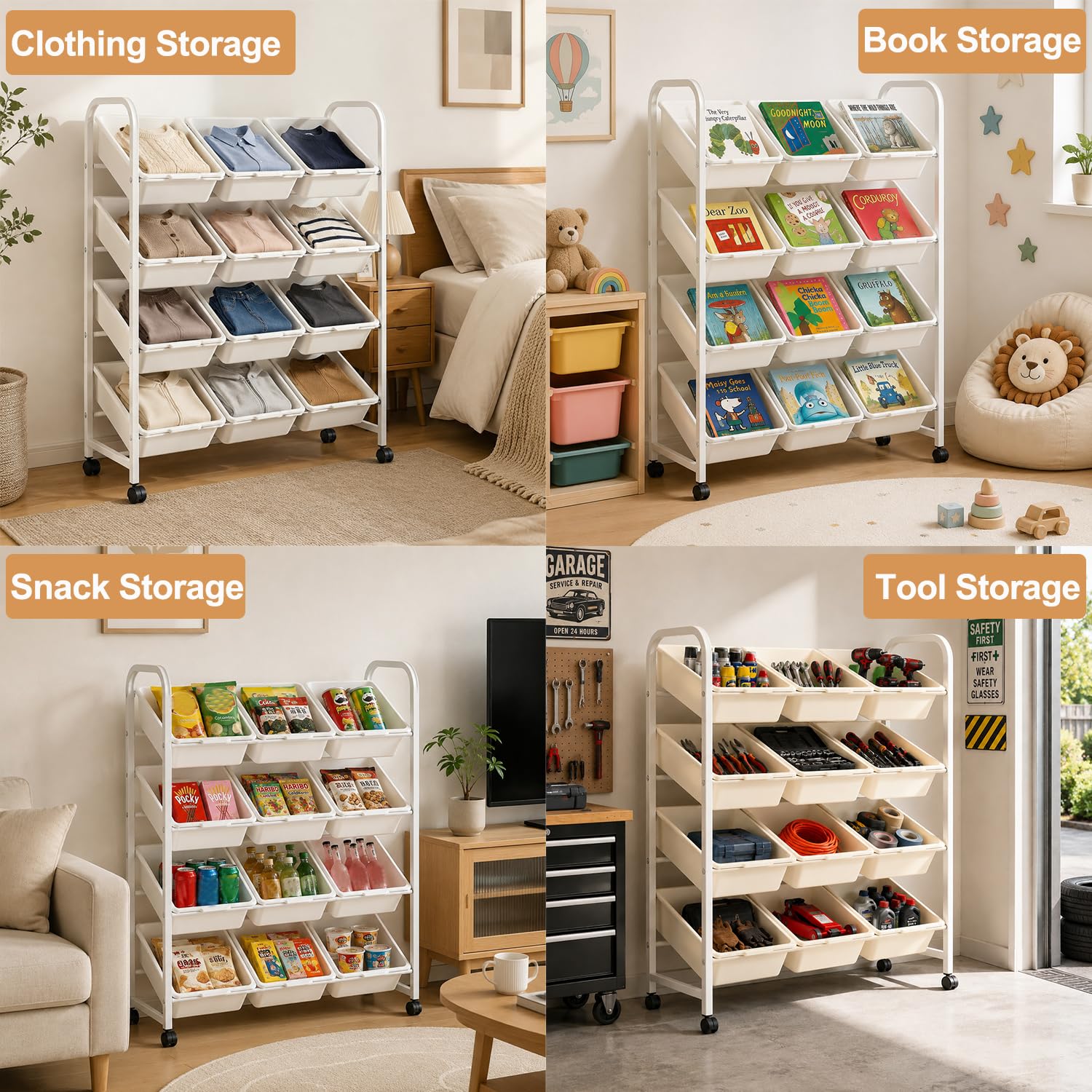 devesanter 4 Etagen Spielzeugregal,Kinderzimmer Aufbewahrung Organizer,Weiß | Kinderzimmer Aufbewahrung Organizer mit 12 herausnehmbaren Boxen,mobiles Kinderregal für Spielzeug,platzsparend,robust