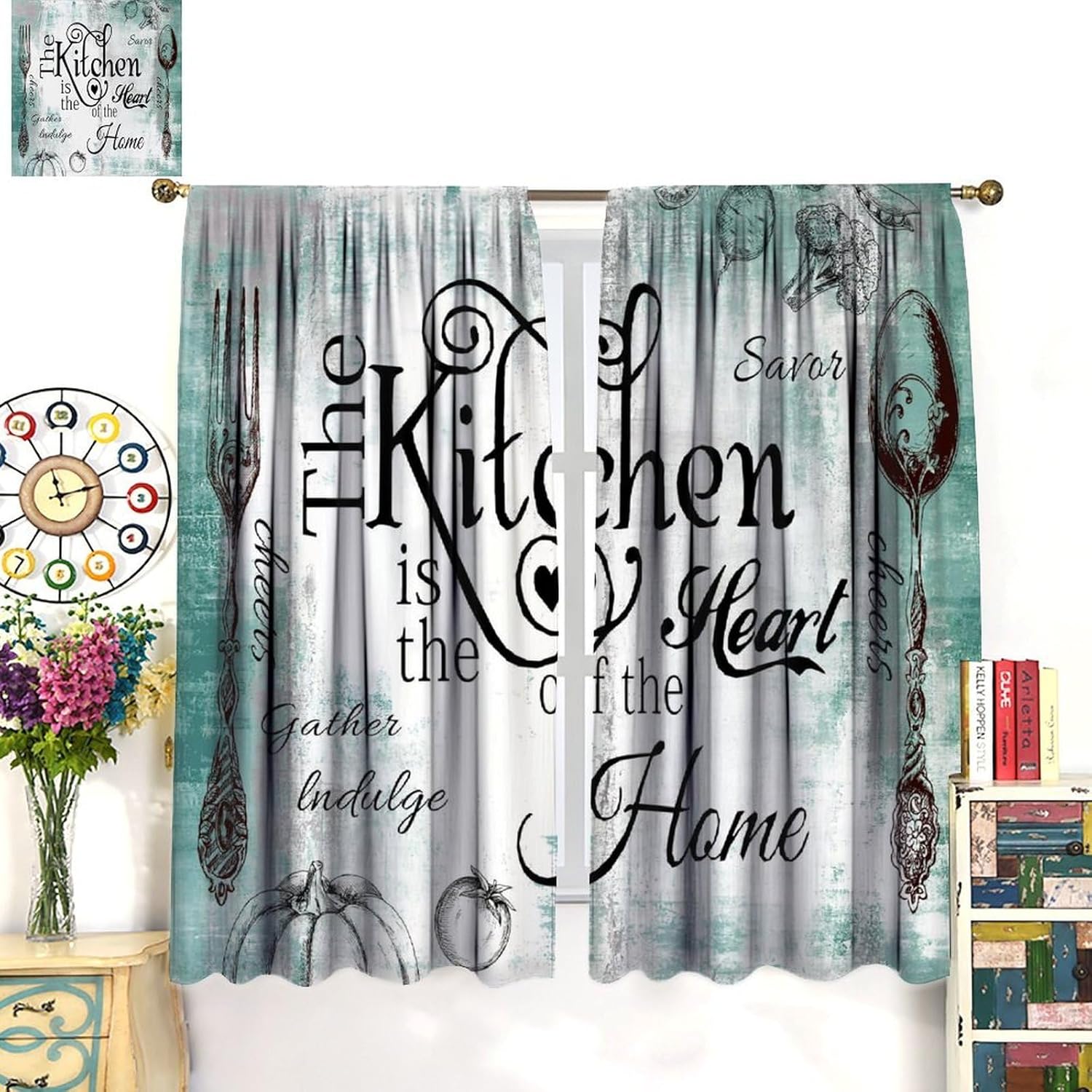 Teal Farmhouse Rustic Blackout Curtains for Kitchen Wooden Wood Cafe Window Curtains Vintage Fork Spoon Retro Windows Treatments Print for Living Room Bedroom Dining Room 42x63in