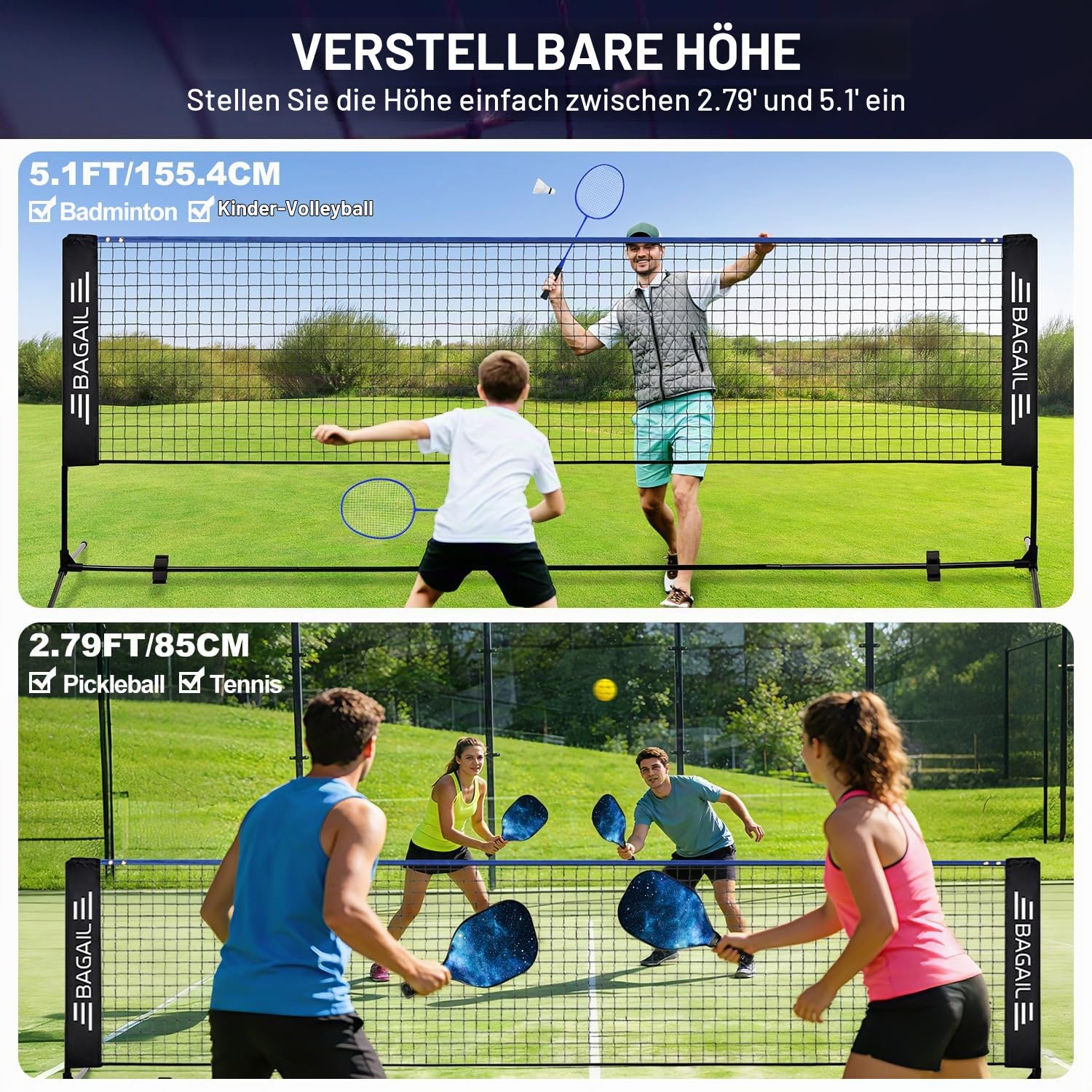 BAGAIL Sportnetz mit Pickleball- und Badminton-Sets, 5.2m | höhenverstellbares Netzsystem, tragbare Transporttasche, Aufbau ohne Werkzeug, ideal für Volleyball, Pickleball und Tennis
