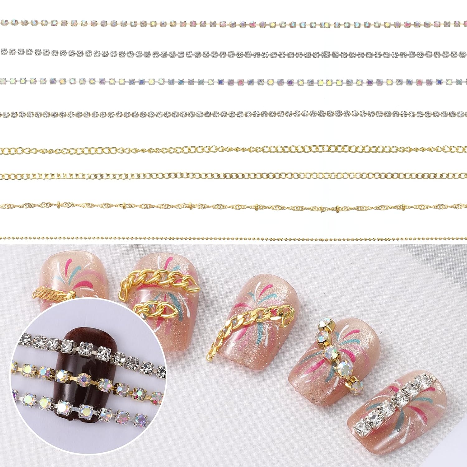 8 Strips Gold Silver 3D Nails Chain Charms Supplies 10''/20'' Punk Luxury Pearl Gem Nail Art Chains Metal Nail Art Chains Decorations DIY Manicure Jewelry Accessories with Box for Women(2 Sizes)