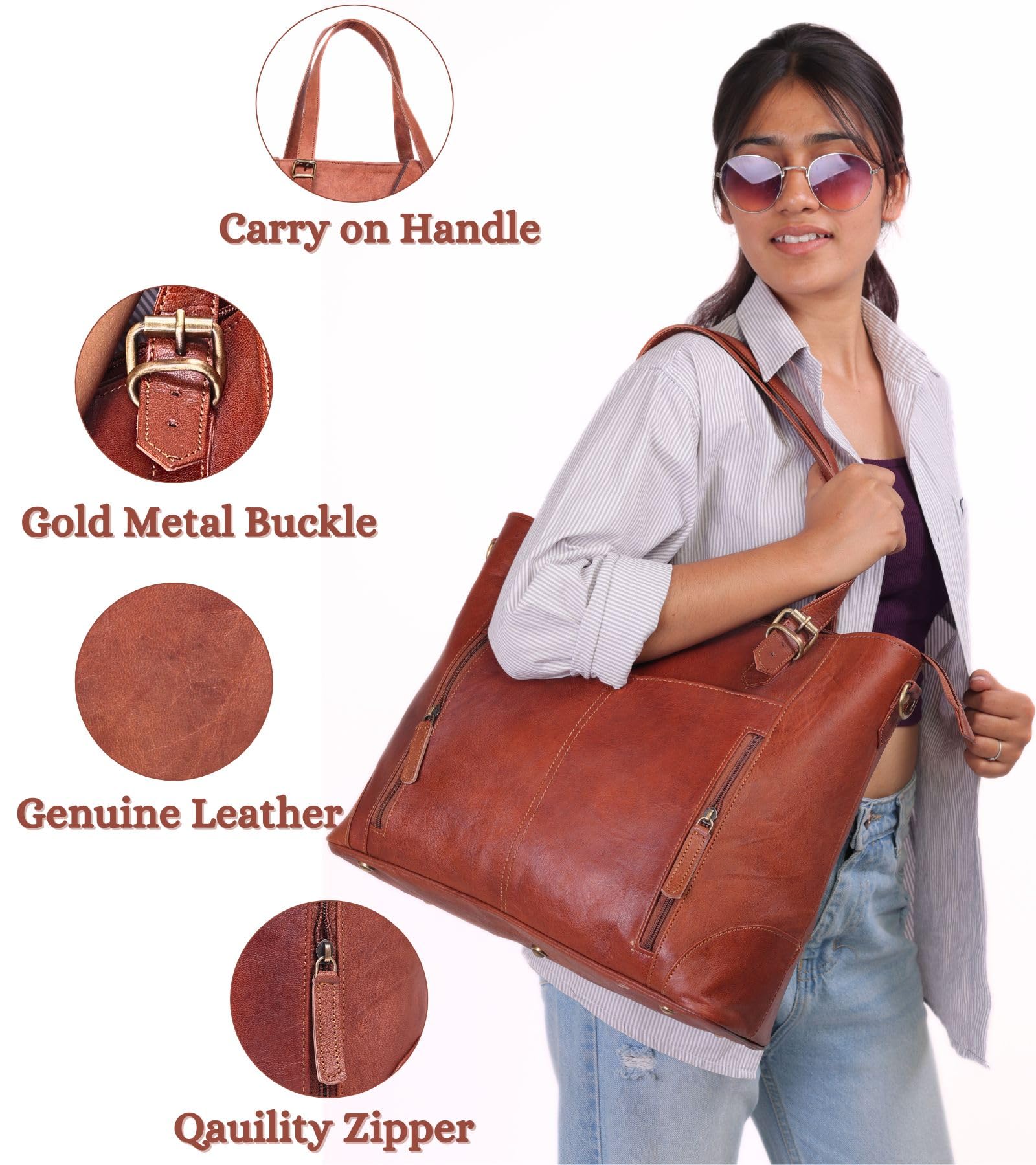 17-inch Large Leather Tote Bag for Women Genuine Brown Leather Laptop Bag with Zipper Professional Briefcase, Computer Tote for Work, Business, Travel, & Daily Use
