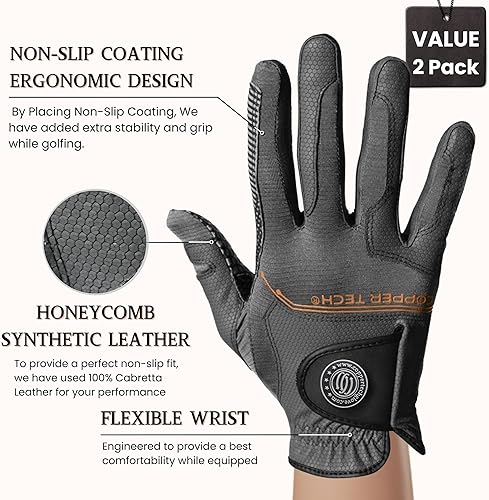 Miniatura 3 de COPPER TECH Mens Golf Gloves (2 Packs) - Breathable Copper Infused Golf Glove - Perfect for Summer Golfing - 100% AAA Cabretta Leather with Spider