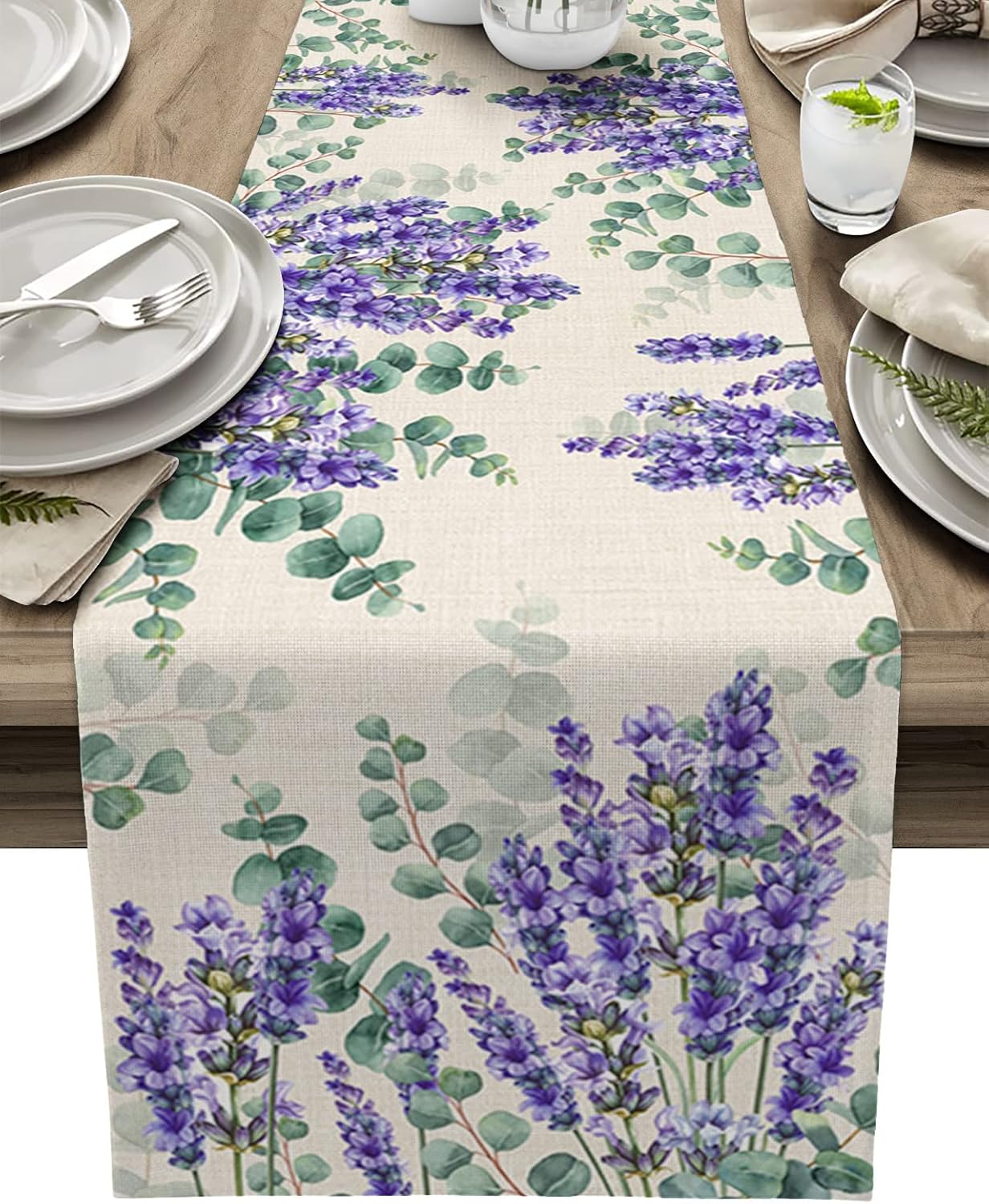 Table Runners 108 inches Long Retro Eucalyptus Leaf Lavender Heat