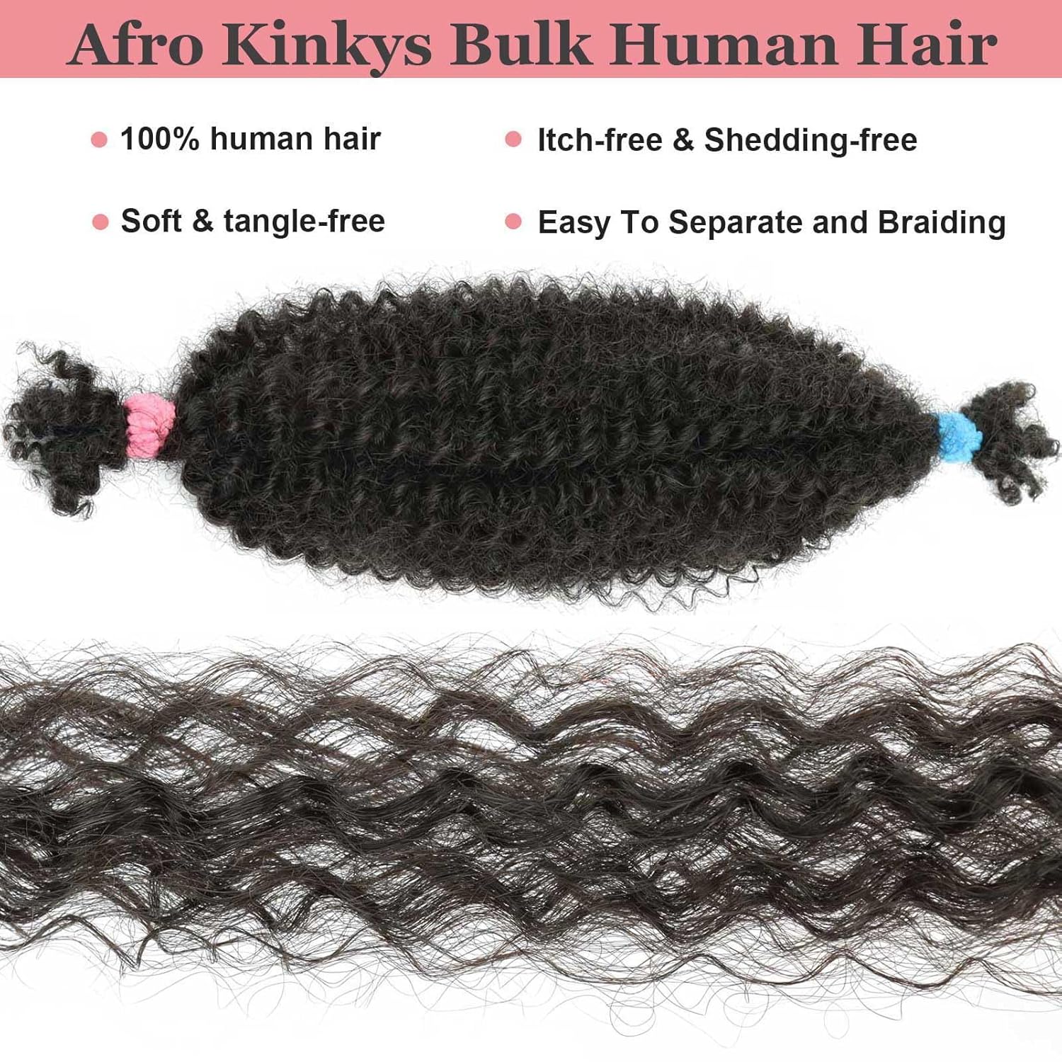 Afro Kinkys Bulk Human Hair 3 Packs 16 Inch Kinky Curly Human Braiding Hair Bulk for Twist Dreadlocks Extensions Marley Twist Braiding Hair(1B, 16 Inch 3 PACKS)