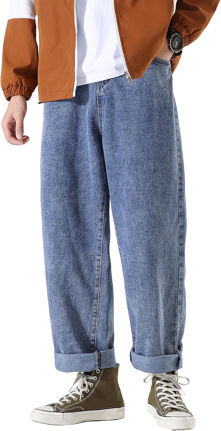 DOSLAVIDA Men's Work Jeans Casual Hip Hop Cargo Solid Color Loose Fit Straight Wide Leg Cotton Denim Pants with Zipper - Image 2