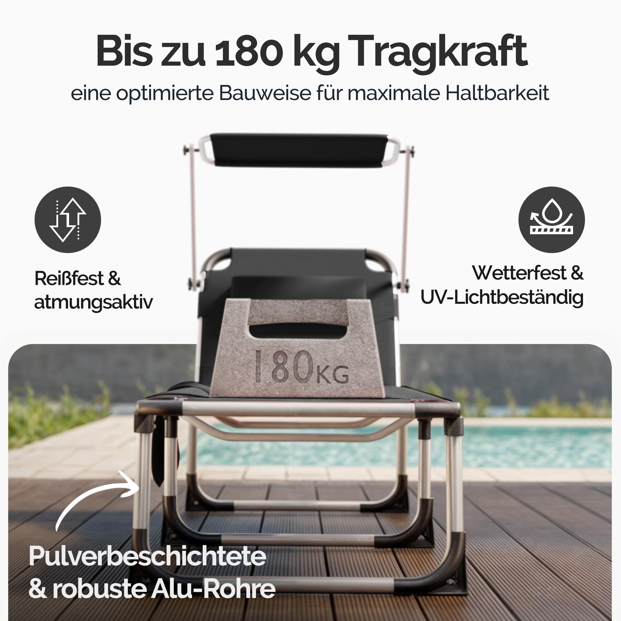 Casaria 2X Sonnenliege Klappbar mit Sonnendach Grau | 210x61cm, Wetterfest, Aluminium, Garten, Terrasse, 180 kg belastbar, Liegestuhl, inkl. Kissen, Seitentasche, Strandliege
