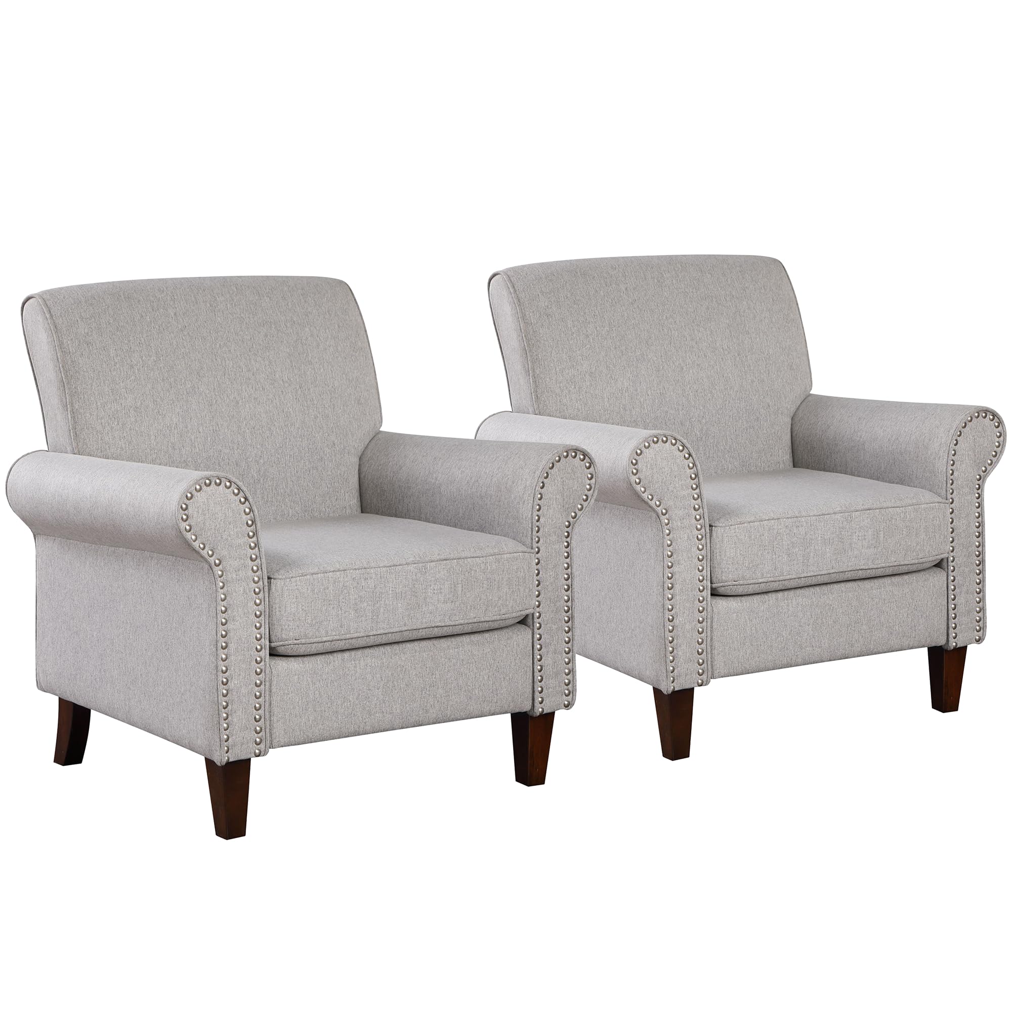 Prilinex Upholstered Living Room Chair Set of 2 - Large Comfy Fabric Accent Chair Single Sofa with Cushion, Rolled Armrest & Nailhead Trim, Mid