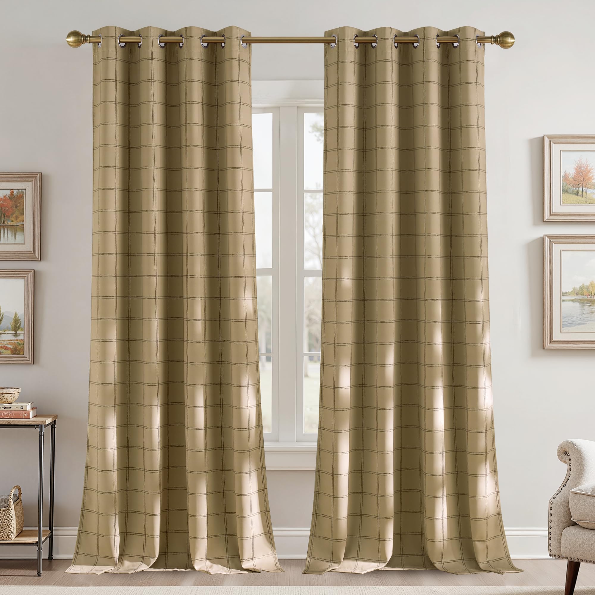 PONY DANCE Full Blackout Tartan Curtains with Eyelets - 46x90 Inch (W x L) Thermal Insulated Check Curtains Light Khaki for Bedroom and Living Room, 2 Panels