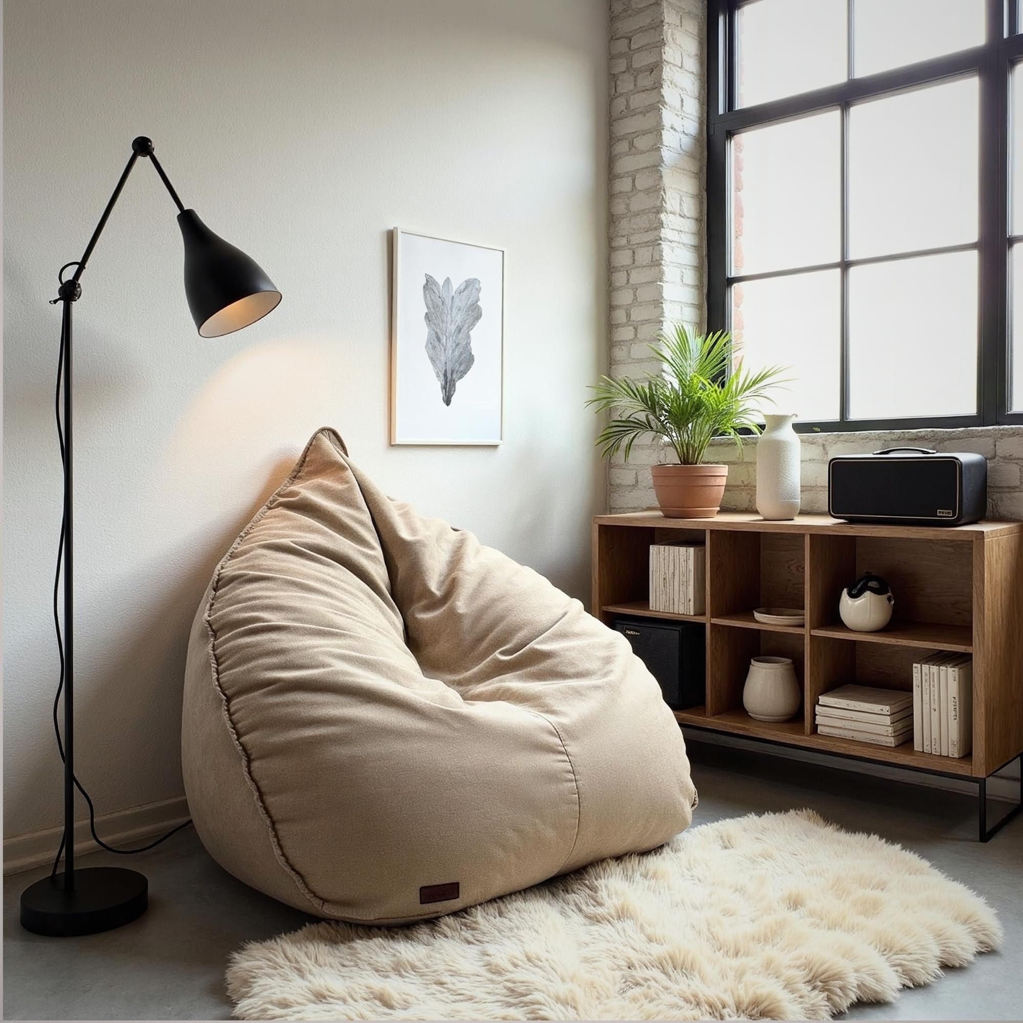 Aiire Enorme moderne zitzak, 120 cm, XXL, konijnenbont met vulling, voor woonkamer of tienerkamer, Bean Bag Chair of vloerkussen, groot, beige