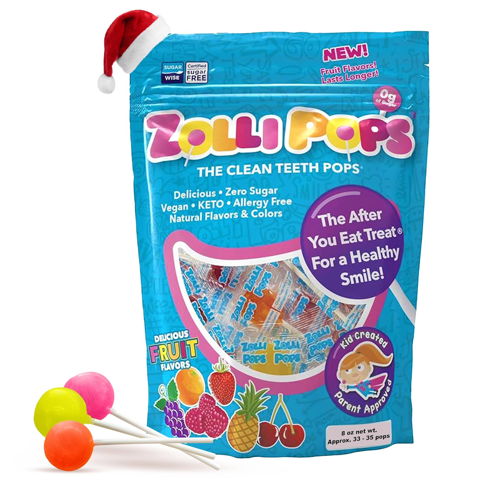 Zollipops Clean Teeth Pops Sugar Free Candy with Xylitol, Dye-Free Lollipops - Keto & Diabetic-Friendly, Dentist-Approved Treats for Kids (Natural Fruit Flavors, 8 oz)