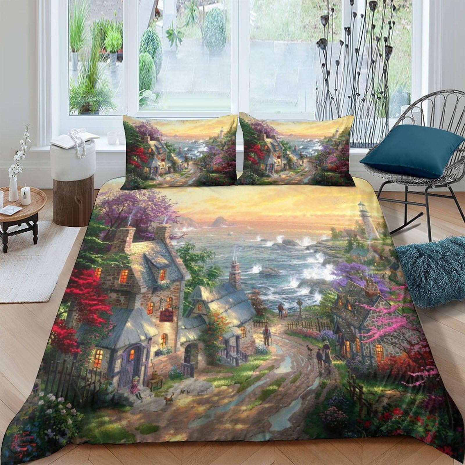 Ctjqhvkz Style-4 3D Printed Cottage Landscape Fitted Sheet Microfiber Soft Breathable Sunset Village Mattress Cover For Bedroom Guest Room Decor Single（135X200cm）