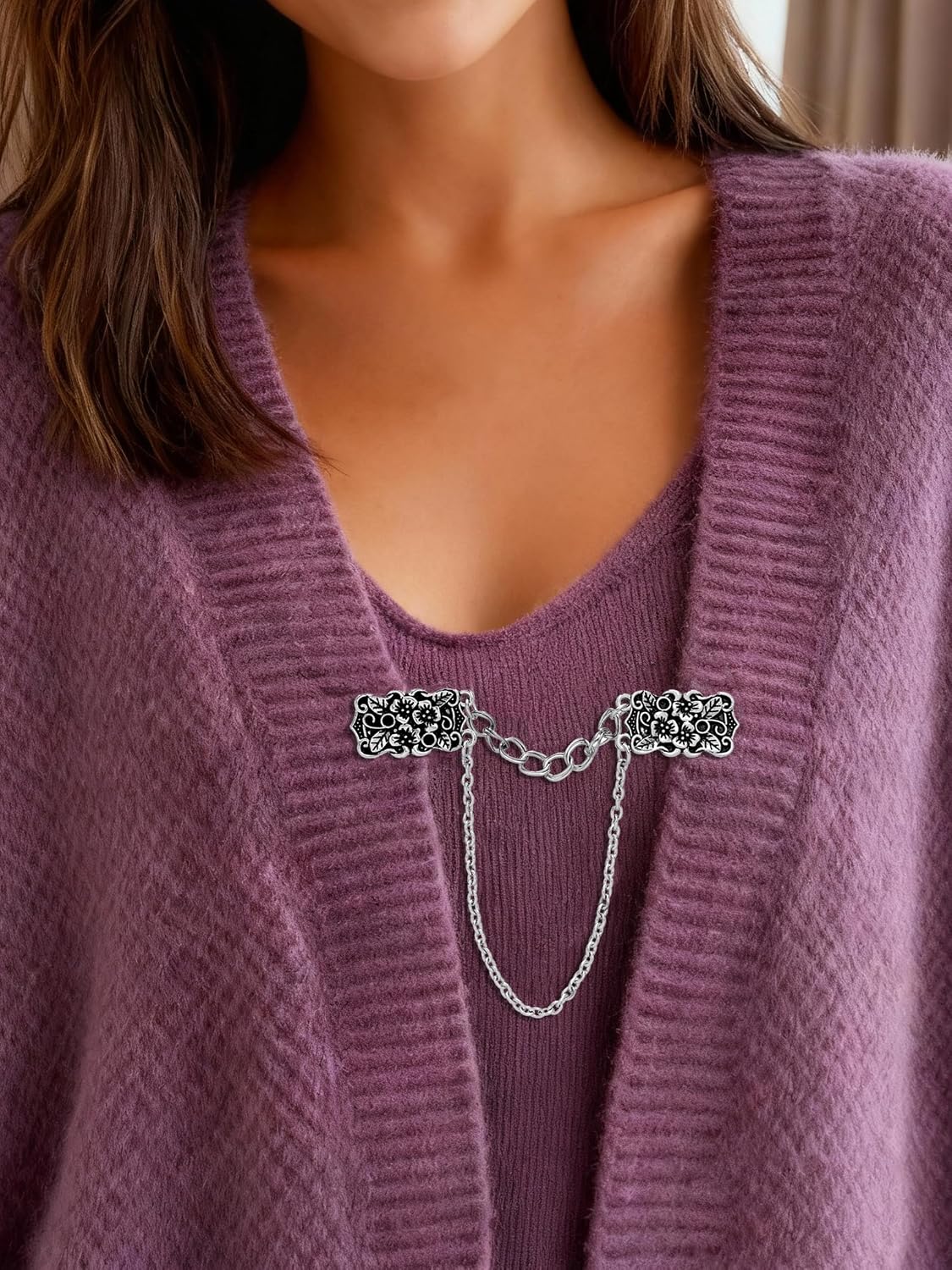 Vintage Sweater Shawl Clip Chain Antique Retro Cardigan Dress Cloak Collar Lapel Brooch Pin With Hanging Chain Rose Flower Leaf Pearl CZ Shirt Suit Holder Clasp Accessories Gift for Women Men