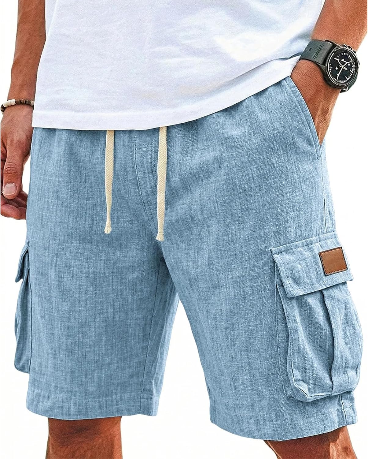 Cargo Pants for Men Quick Dry 7" Elastic Waist Drawstring Casual Summer Beach Hiking Shorts with Multi-Pockets