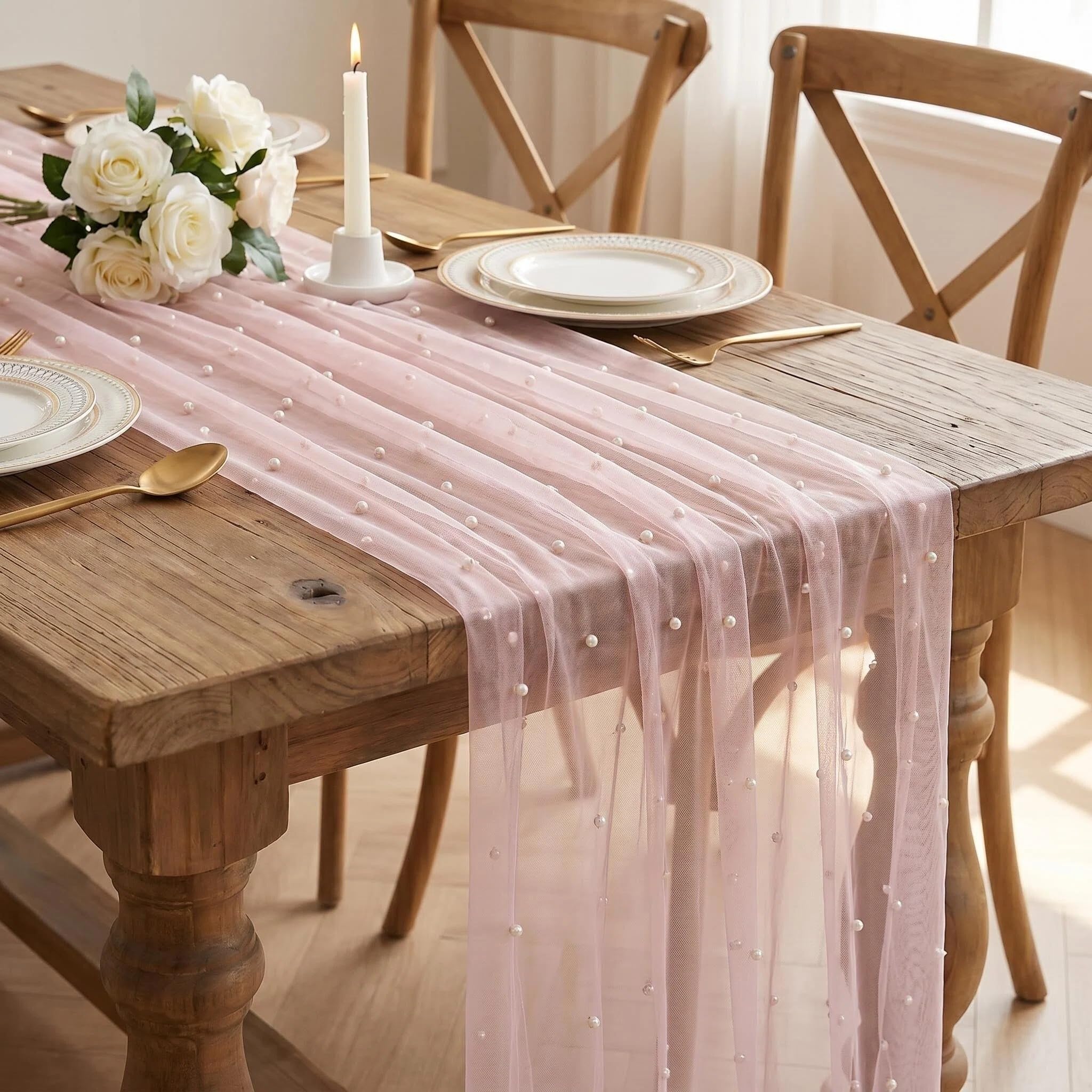 75x300cm Pearl Pink Gauze Table Runner, Wedding Table Decoration with Pearl and Tulle，Pink Table Cloth for Home Party, Wedding Birthday Bridal Baby Shower Decorations