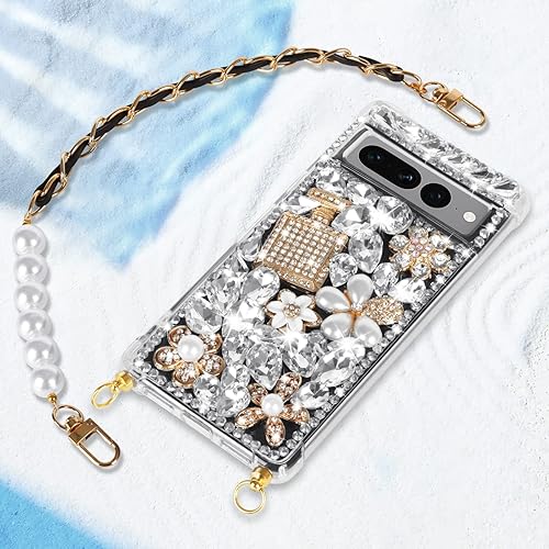 Miniatura 4 de Leiju Case Funda para Google Pixel 7 con diseño de correa con purpurina, 3D hecha a mano con piedras brillantes de cristal y diamantes brillantes