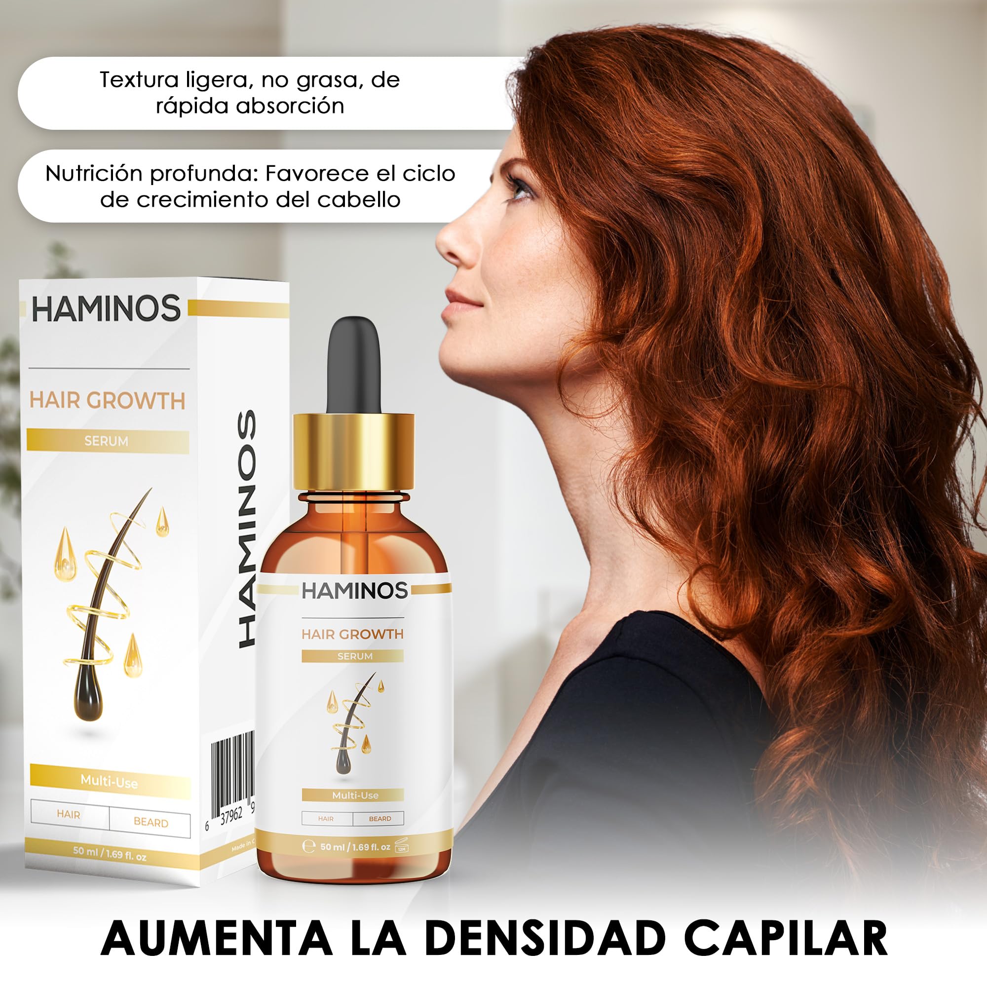 HAMINOS Sérum Crecimiento Capilar con Romero, Jengibre, Ginseng y Péptidos – Fortalece y Estimula el Cabello – Anticaída, Hidratante y Revitalizante - FÓRMULA ÚNICA (50 ml)